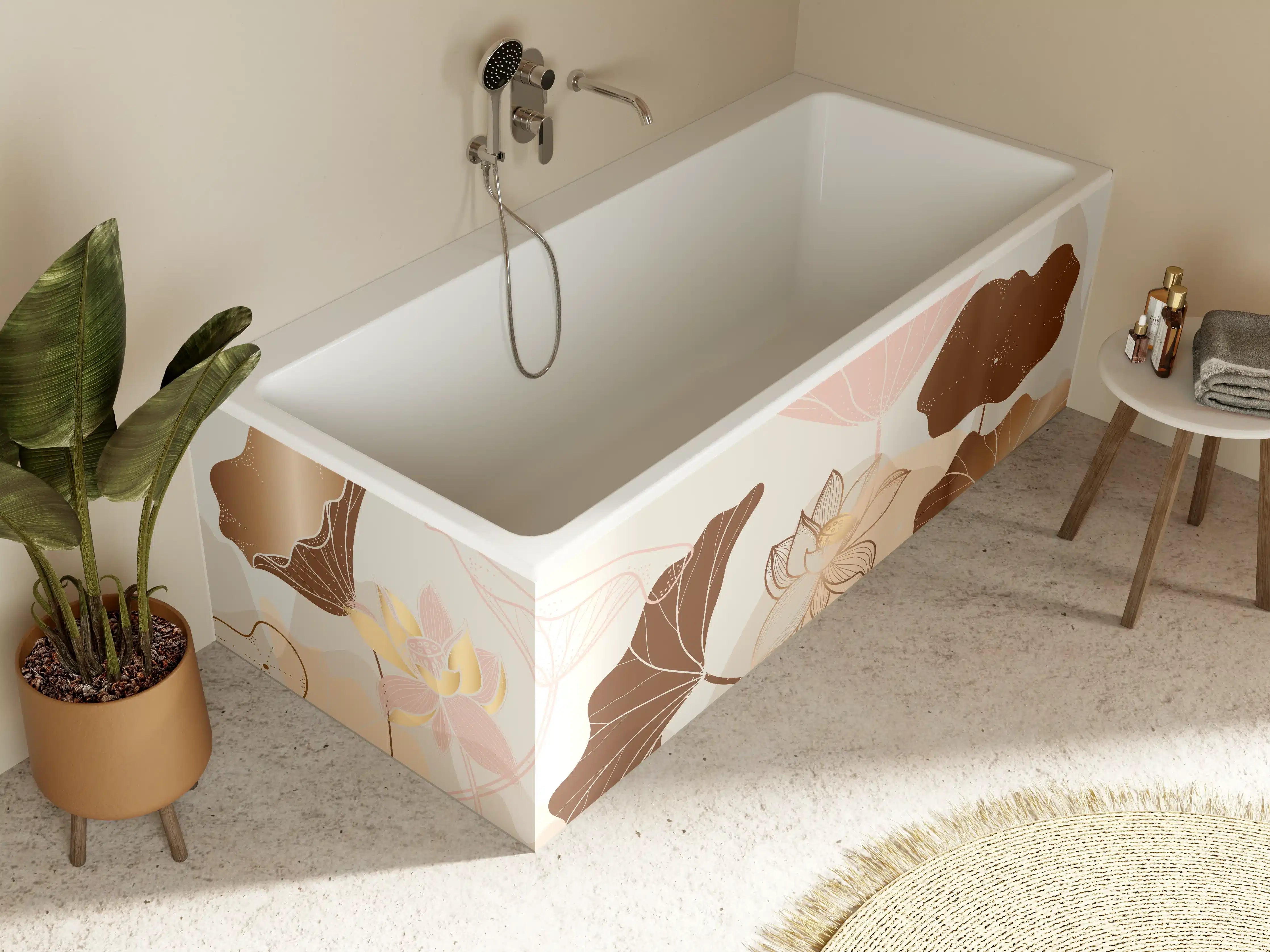 Badewannen-Rückwand - Abstrakte Blumen Zeichnung Beige