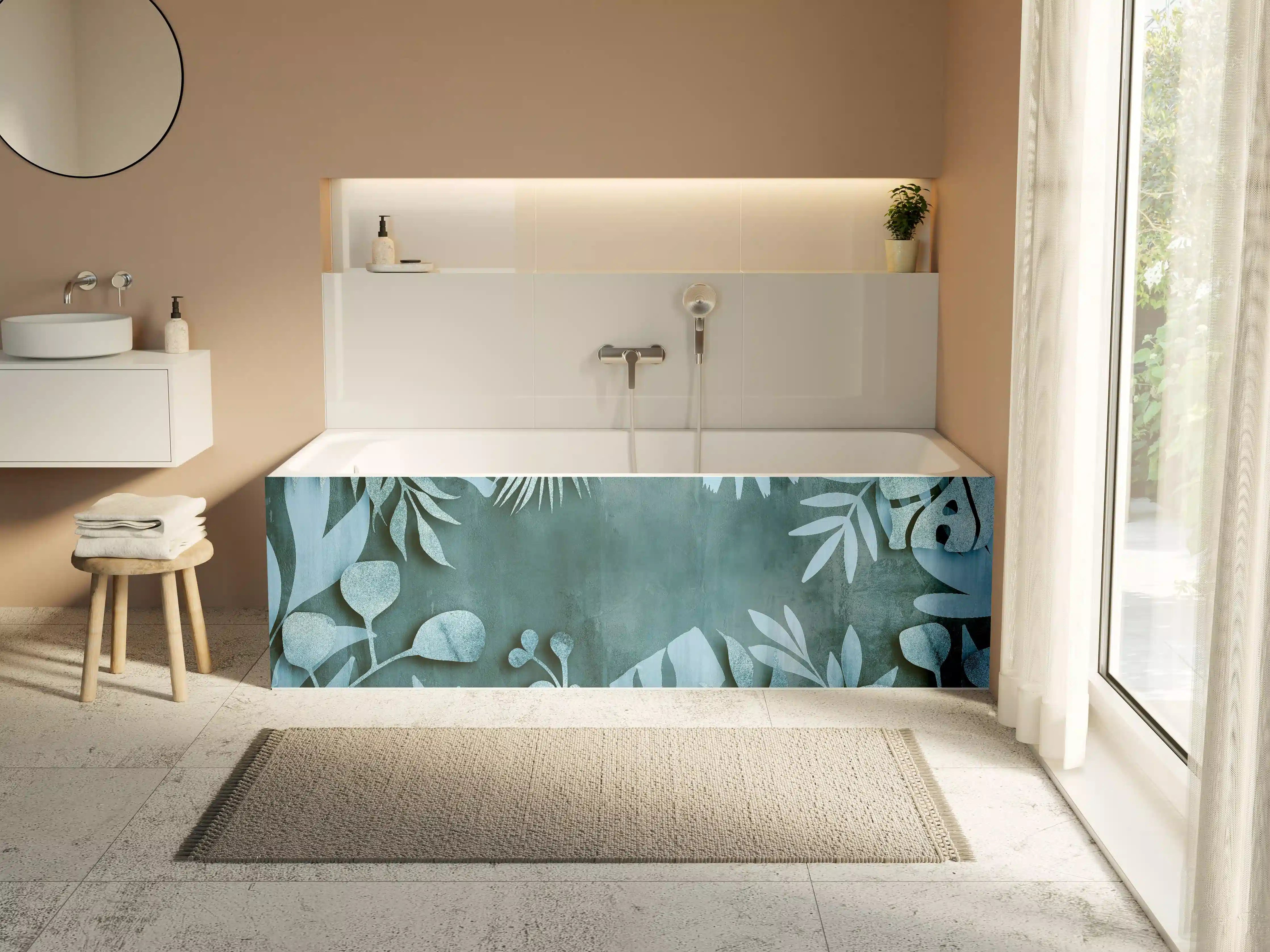 Badewannen-Rückwand - Abstrakte Botanik in Blau-Türkis