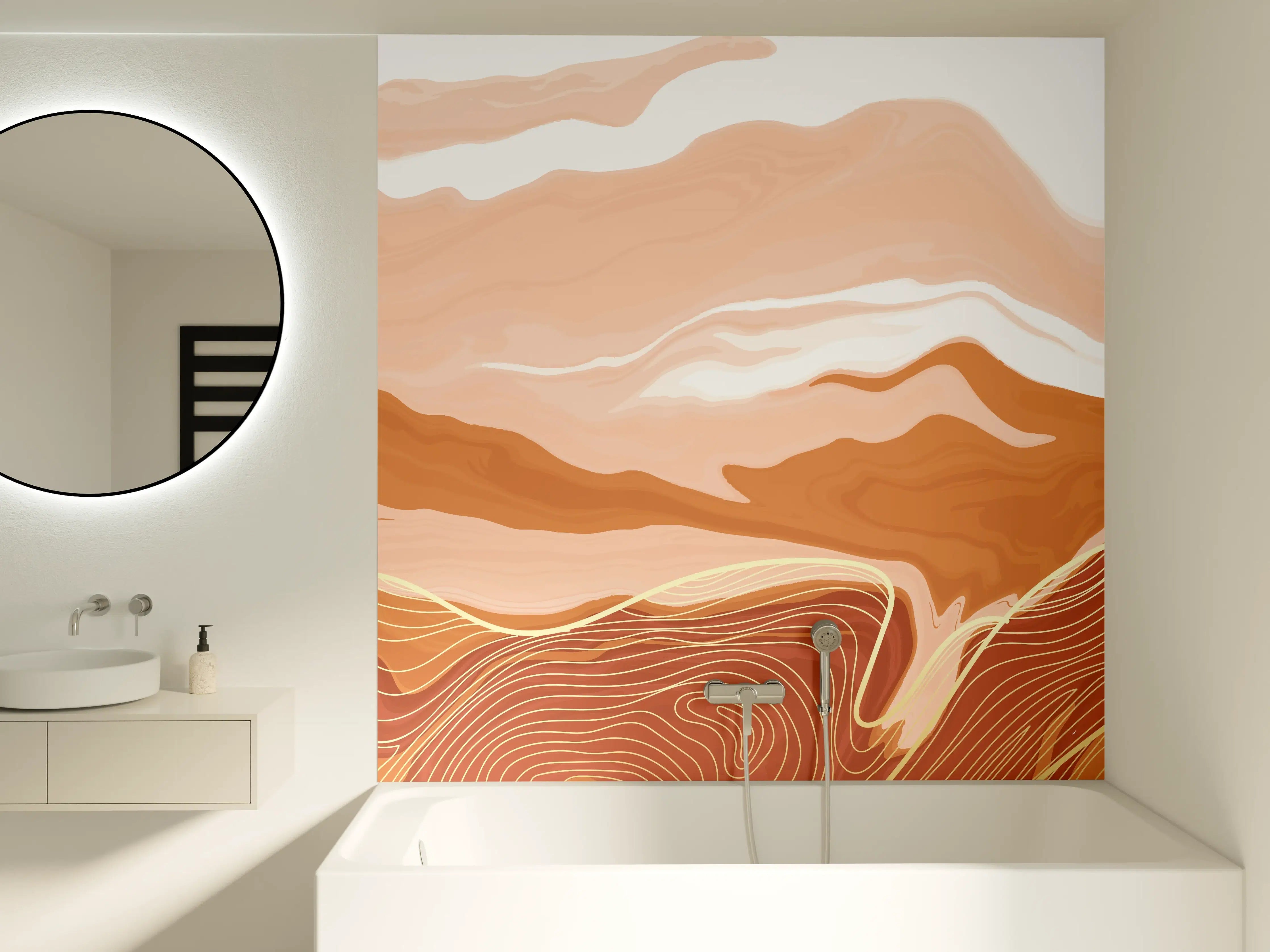 Badewannen-Rückwand - Abstrakte Erdtöne Linienkunst