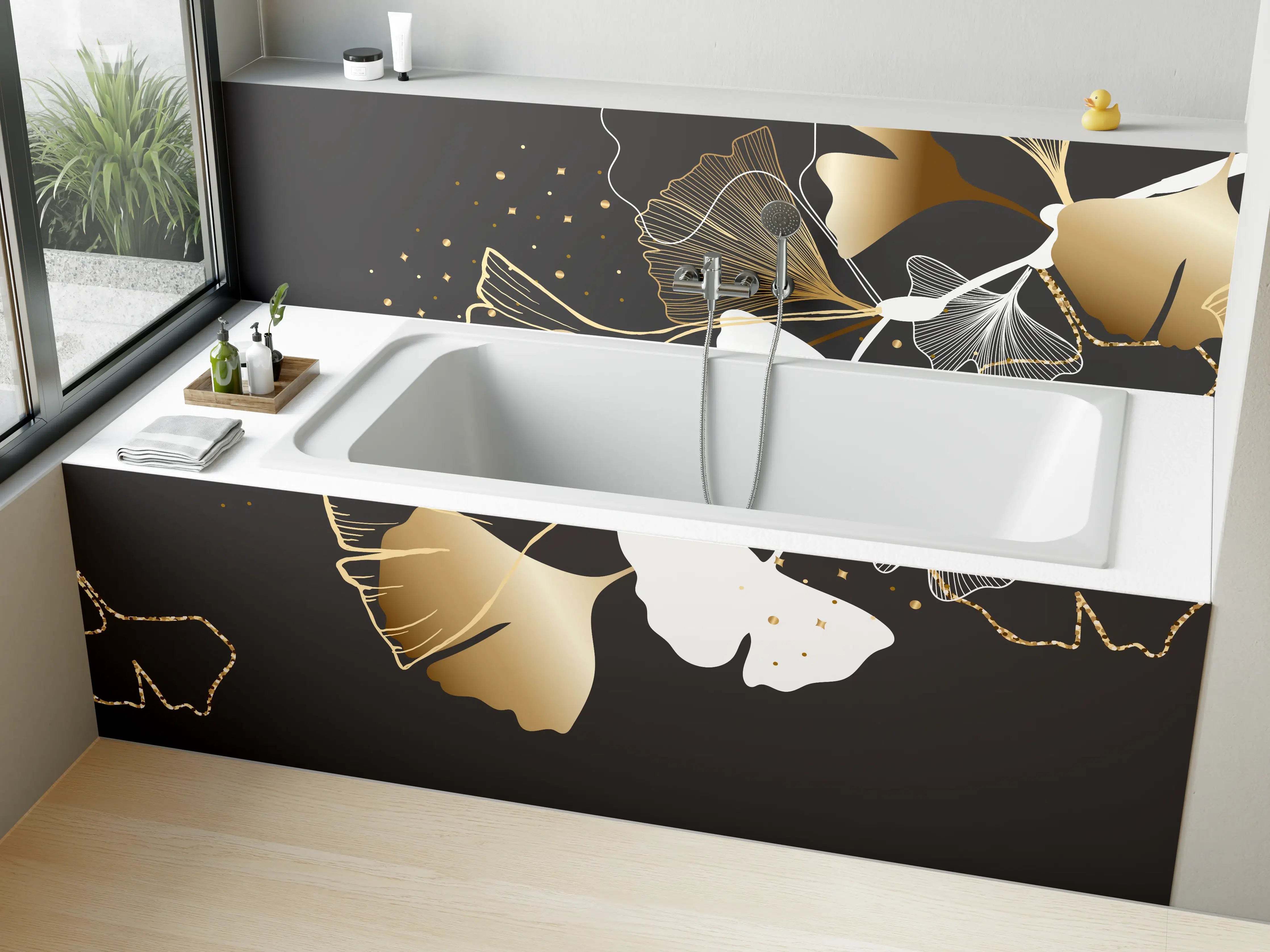 Badewannen-Rückwand - Abstrakte Ginkgo Muster Gold Schwarz