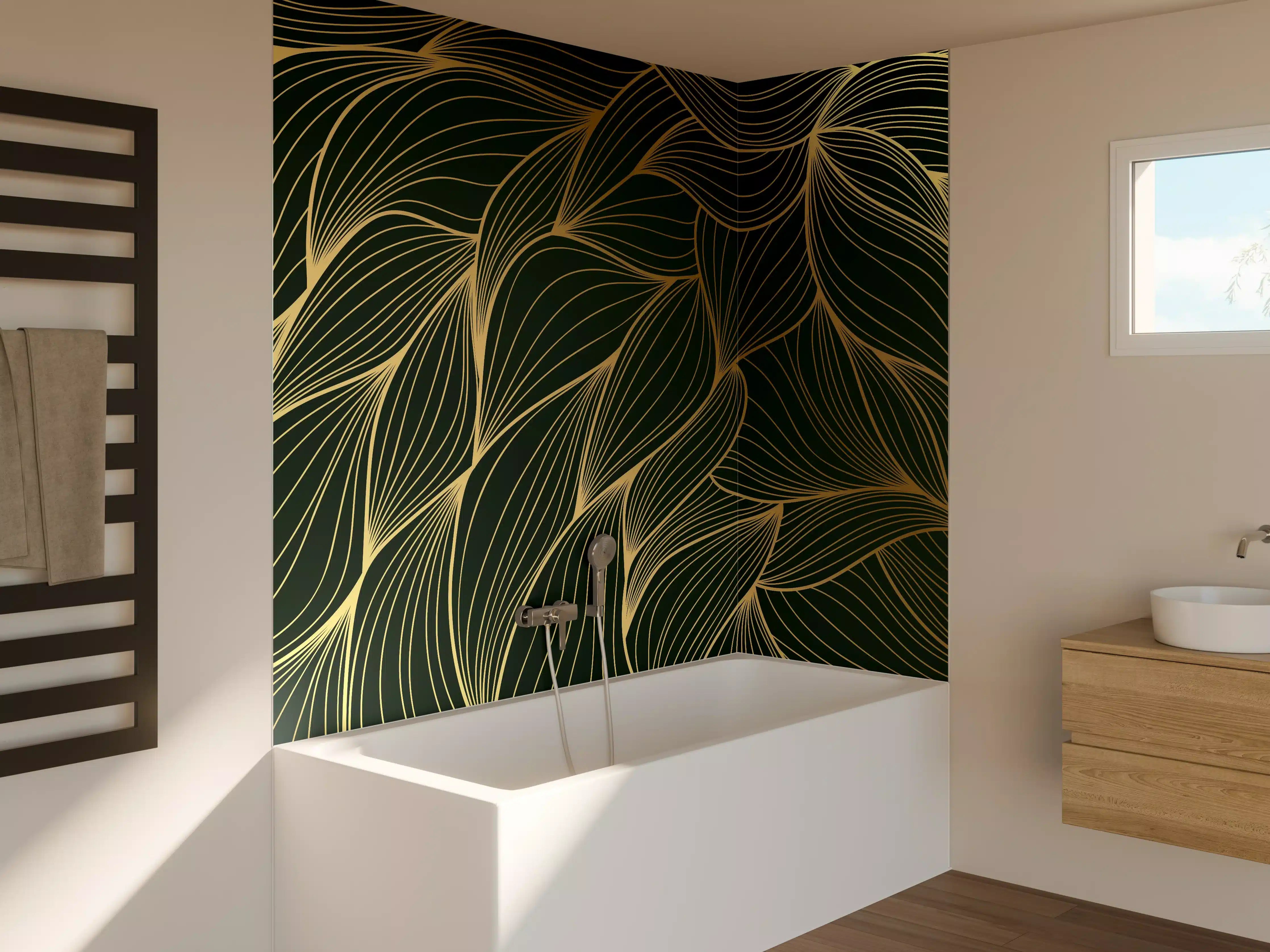 Badewannen-Rückwand - Abstrakte Gold-Grün-Wellenmuster