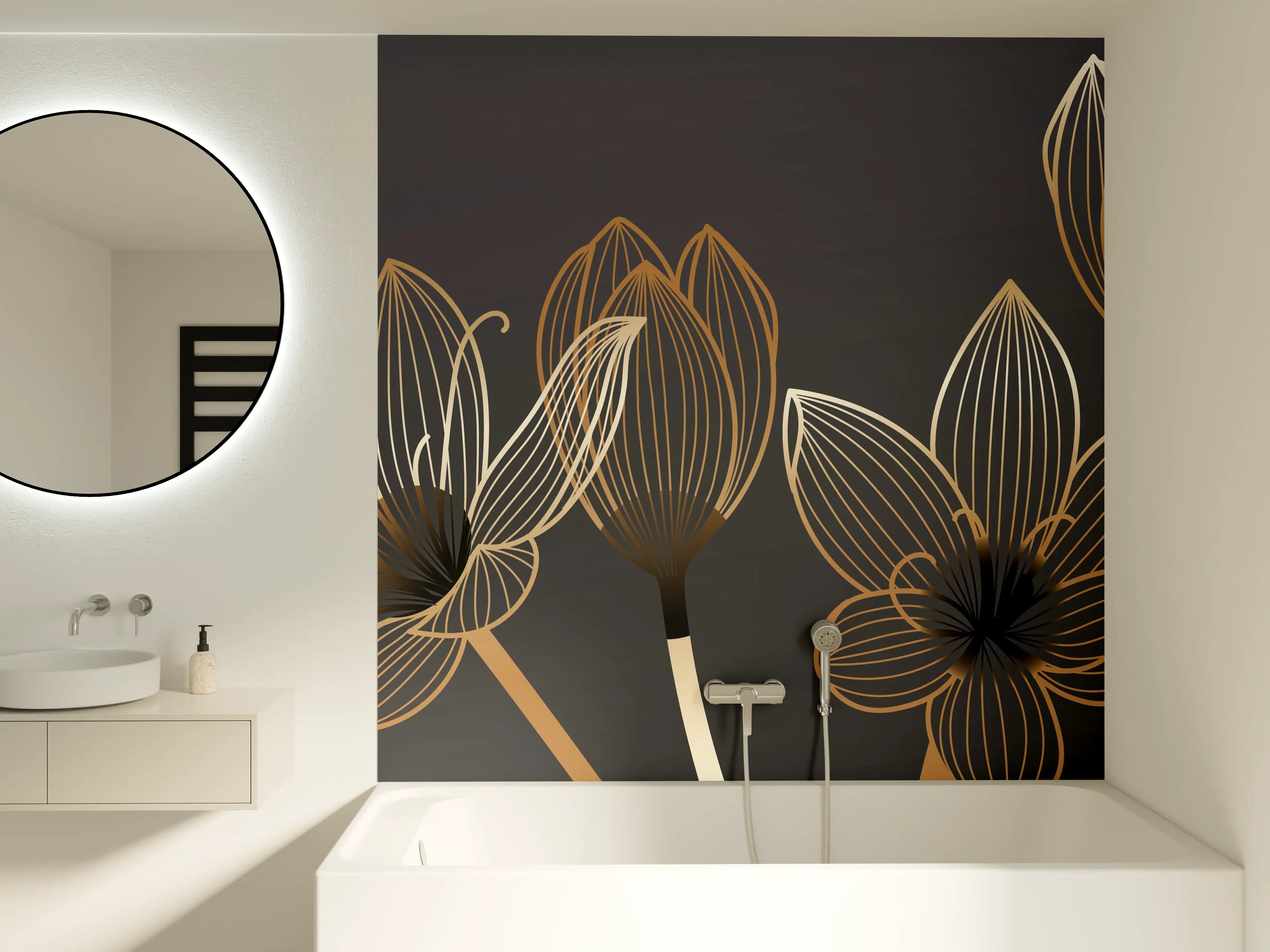 Badewannen-Rückwand - Abstrakte Gold-Schwarz Blumen Linienart