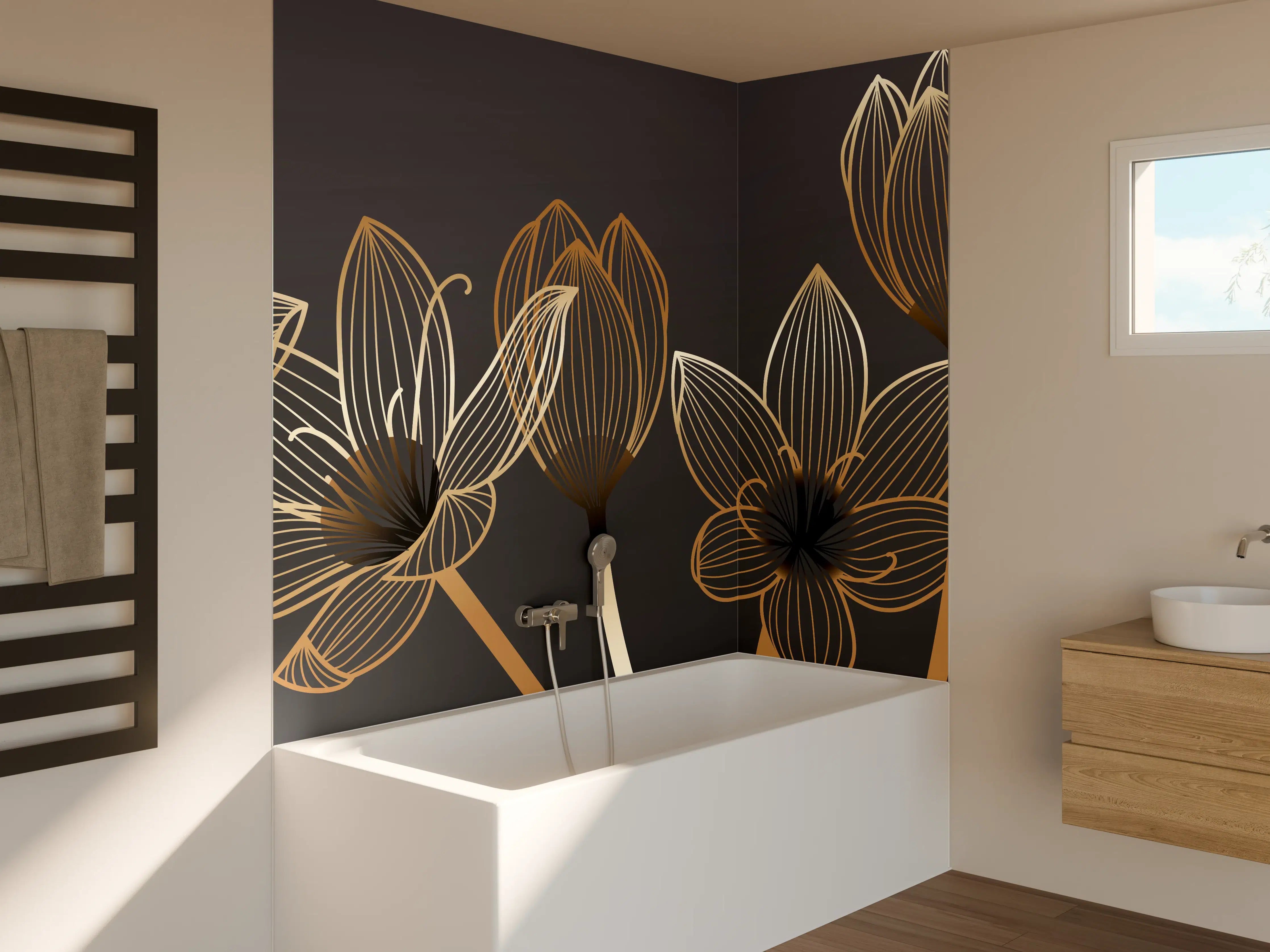 Badewannen-Rückwand - Abstrakte Gold-Schwarz Blumen Linienart