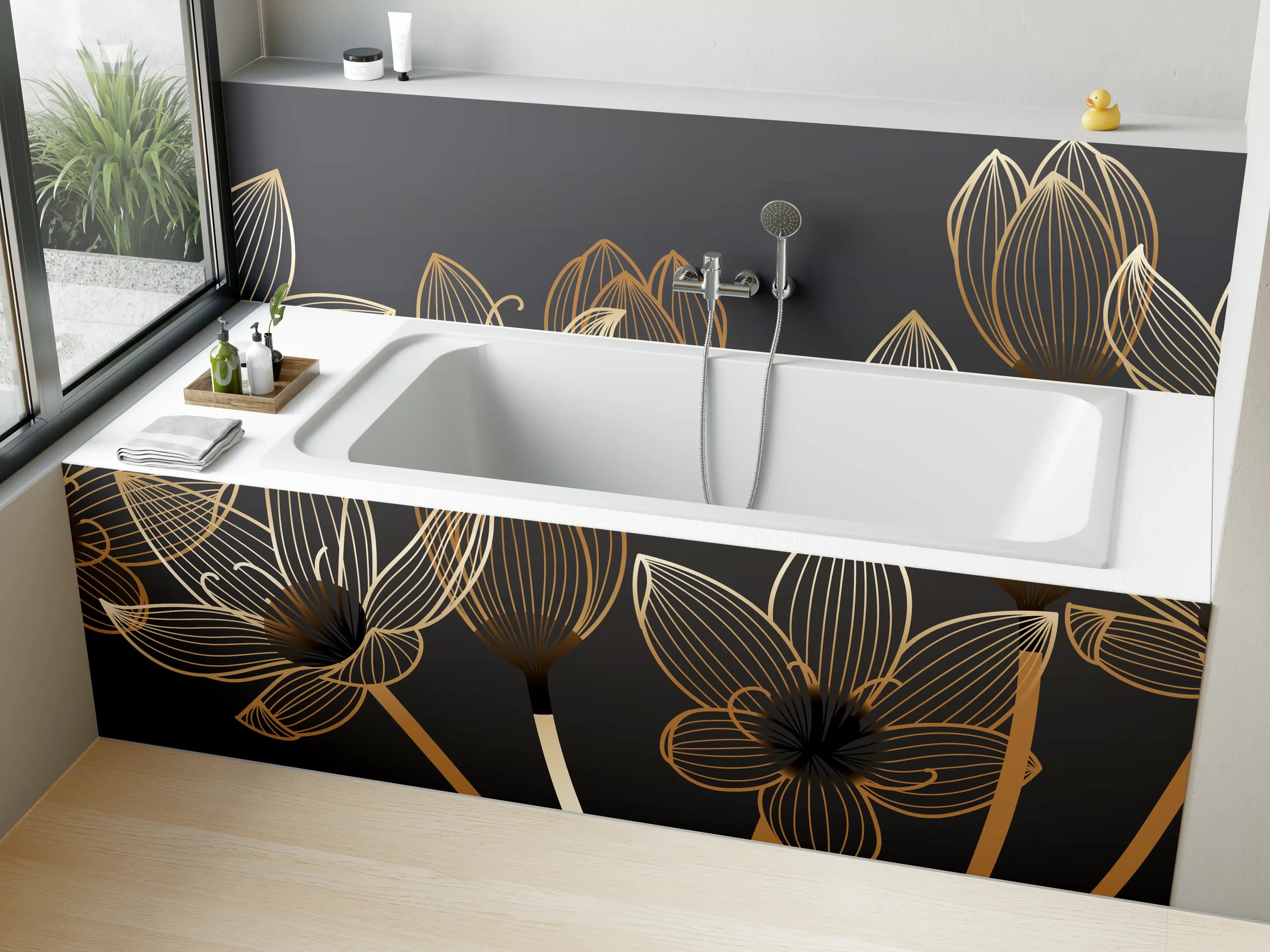 Badewannen-Rückwand - Abstrakte Gold-Schwarz Blumen Linienart