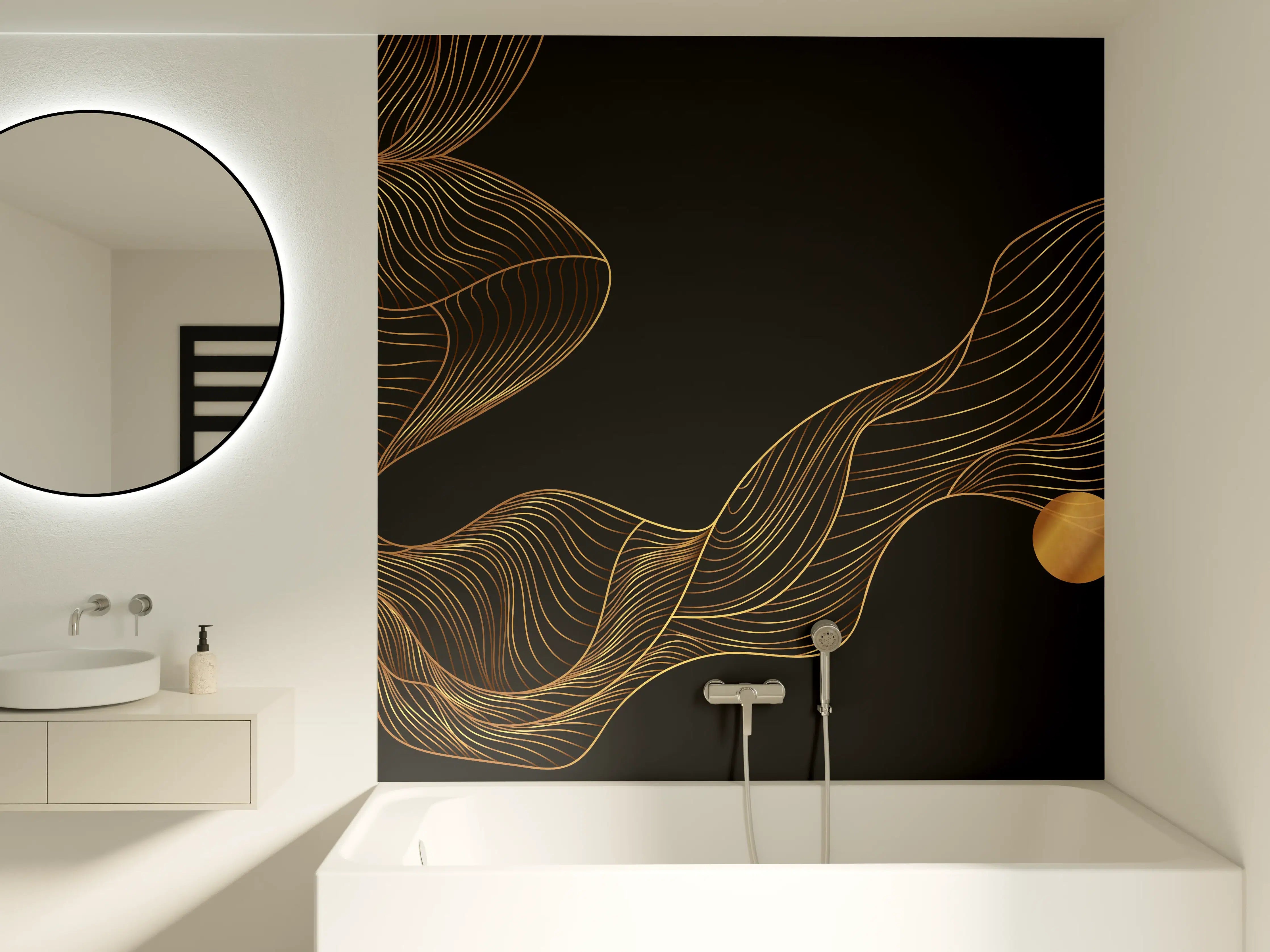 Badewannen-Rückwand - Abstrakte Gold-Schwarz Linienkunst