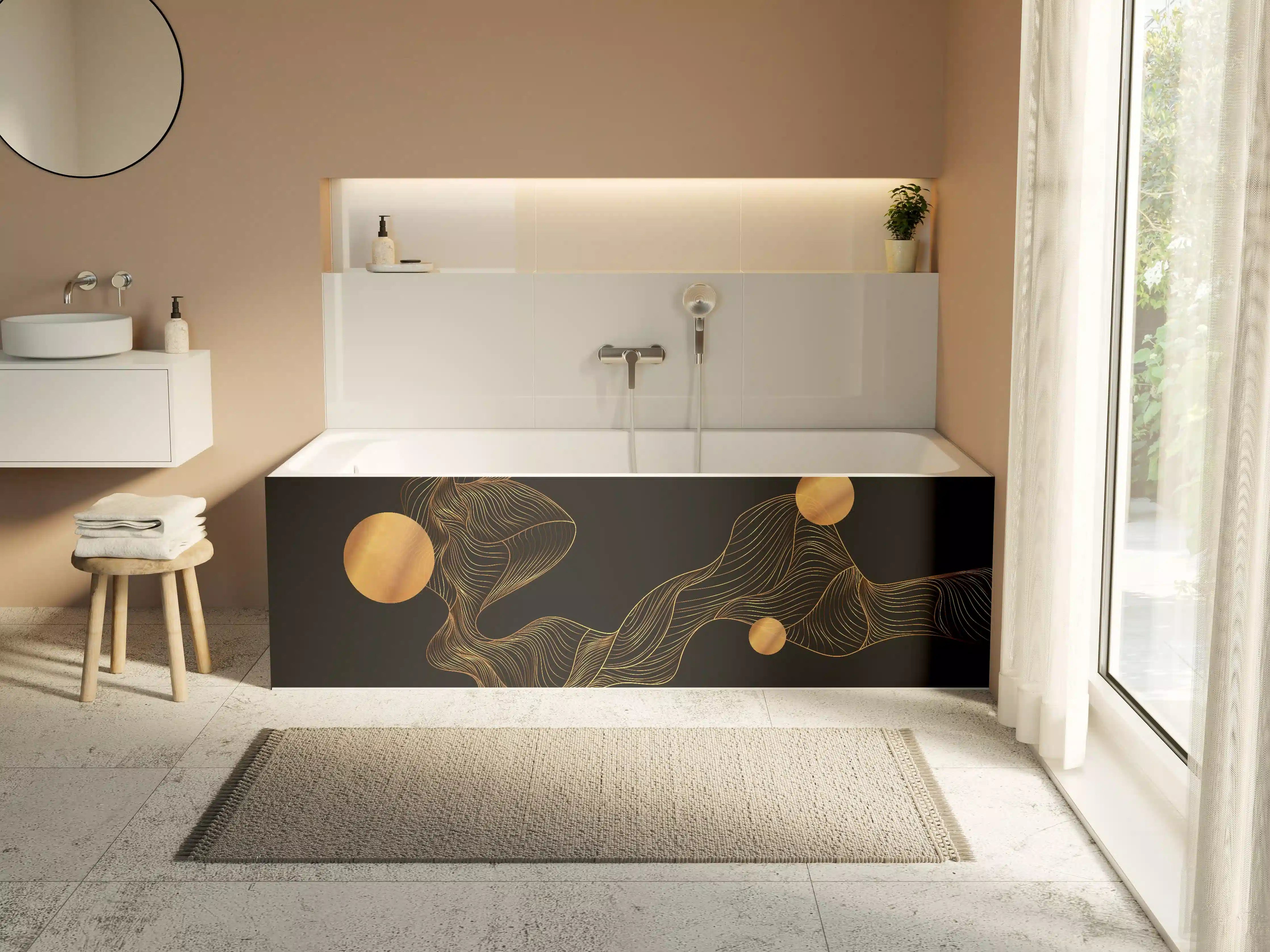 Badewannen-Rückwand - Abstrakte Gold-Schwarz Linienkunst