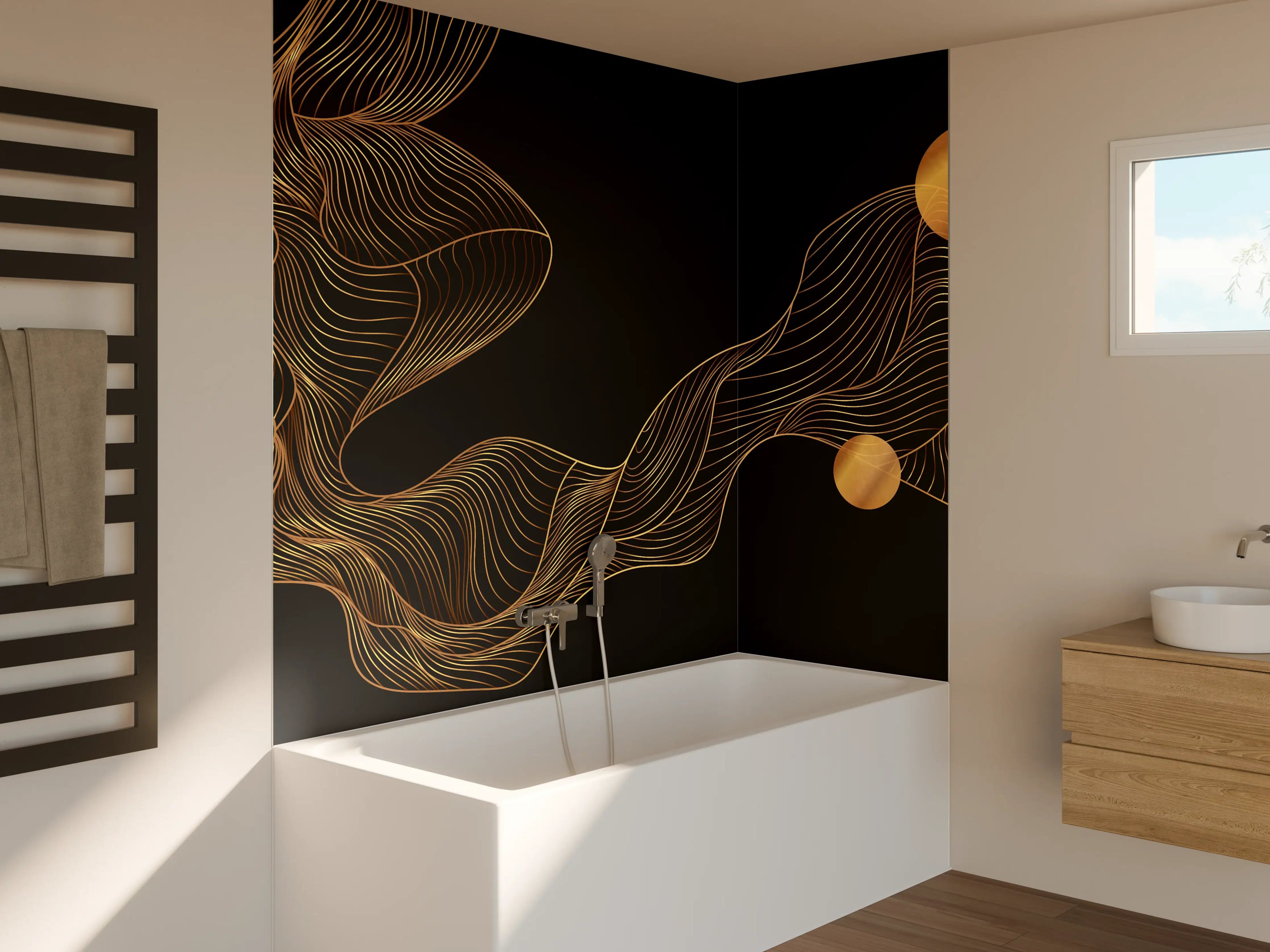 Badewannen-Rückwand - Abstrakte Gold-Schwarz Linienkunst