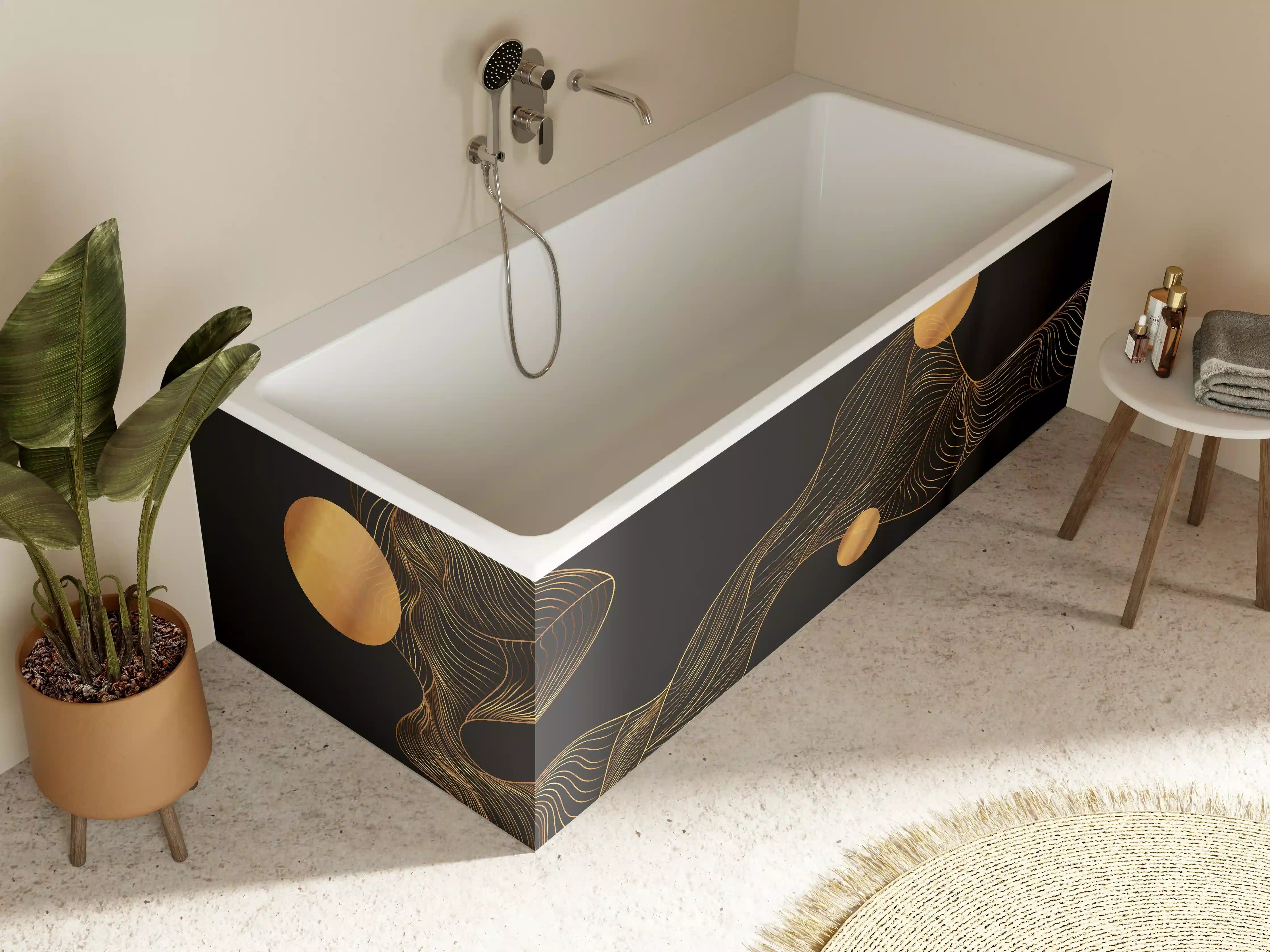 Badewannen-Rückwand - Abstrakte Gold-Schwarz Linienkunst