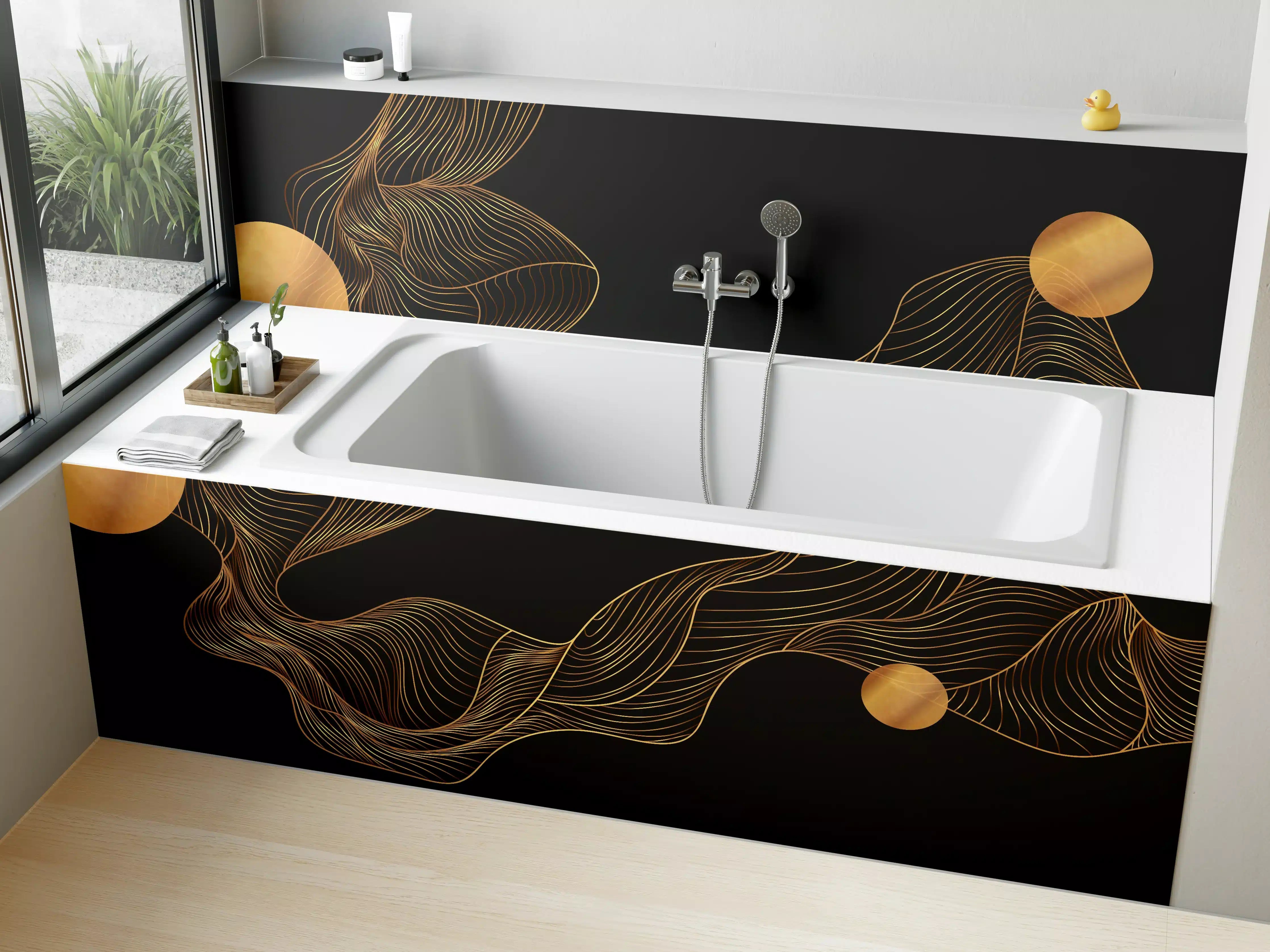 Badewannen-Rückwand - Abstrakte Gold-Schwarz Linienkunst