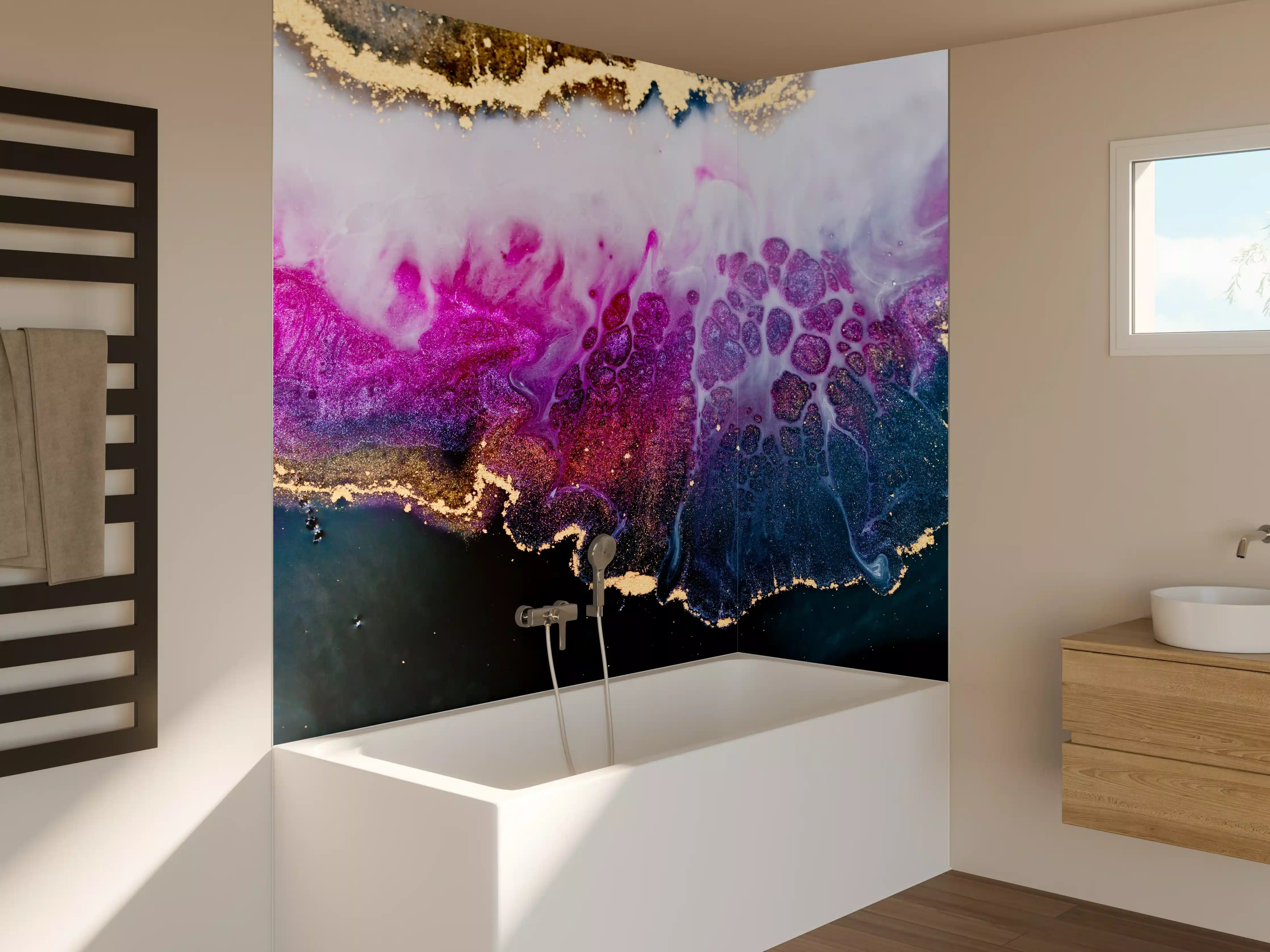 Badewannen-Rückwand - Abstrakte Kunst in Lila-Gold