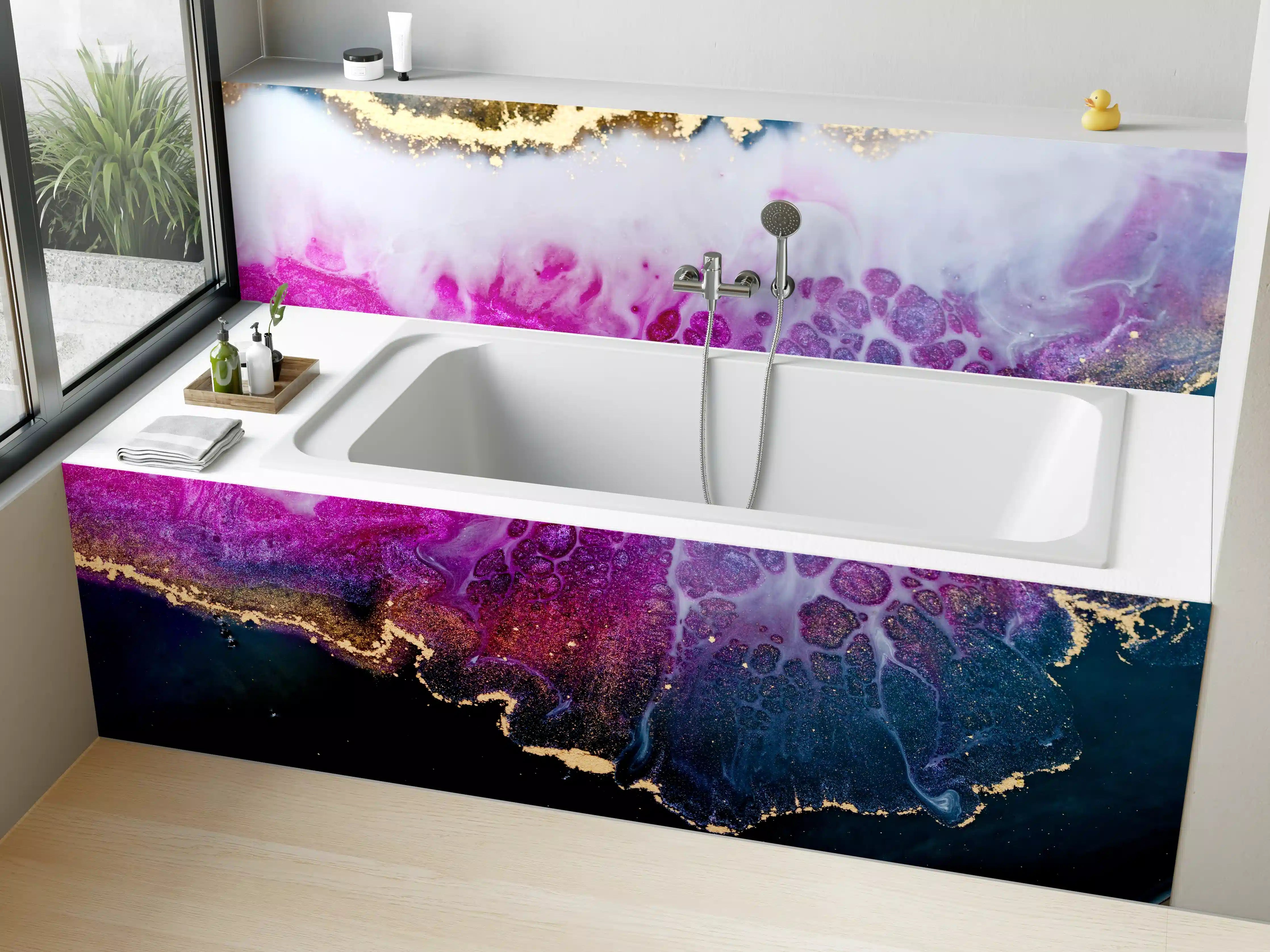 Badewannen-Rückwand - Abstrakte Kunst in Lila-Gold