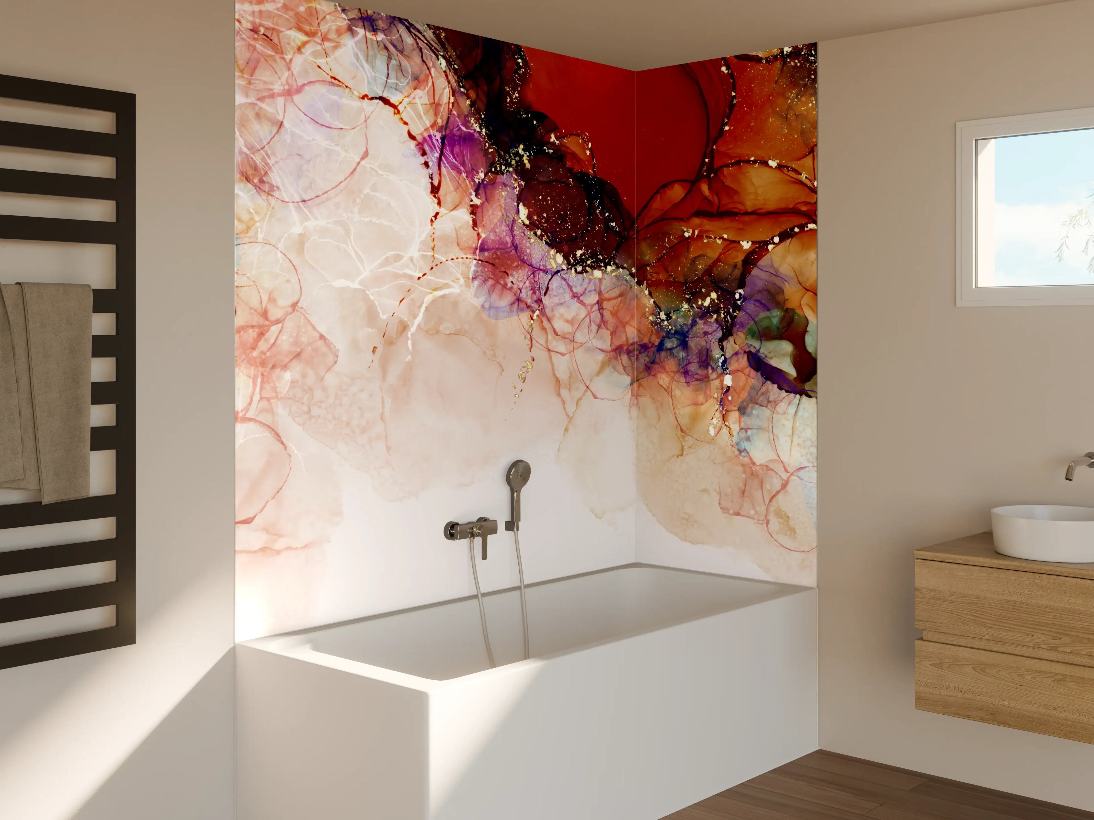 Badewannen-Rückwand - Abstrakte Kunst in warmen Tönen mit goldenen Akzenten