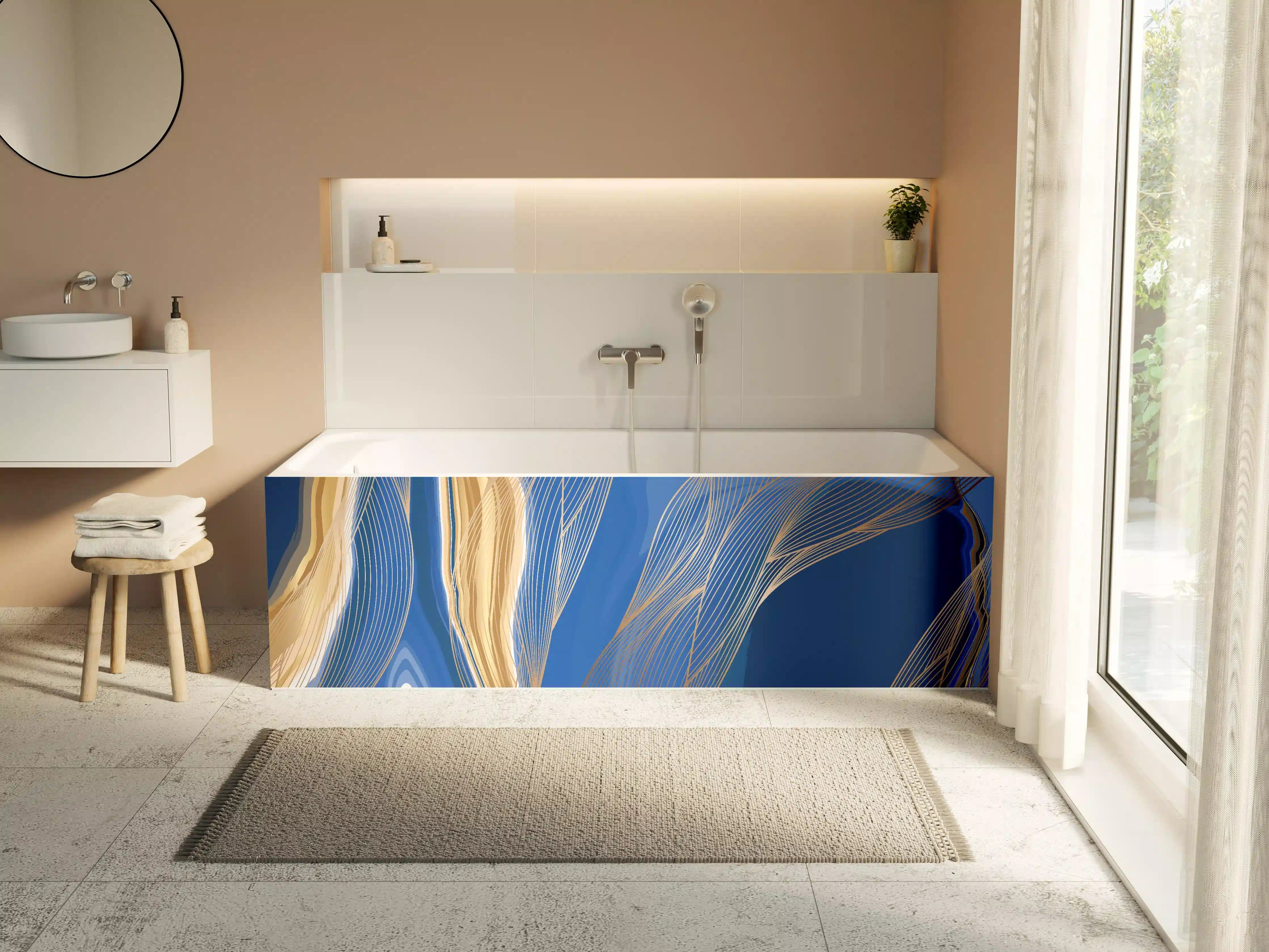 Badewannen-Rückwand - Abstrakte Linienkunst in Blau-Gold