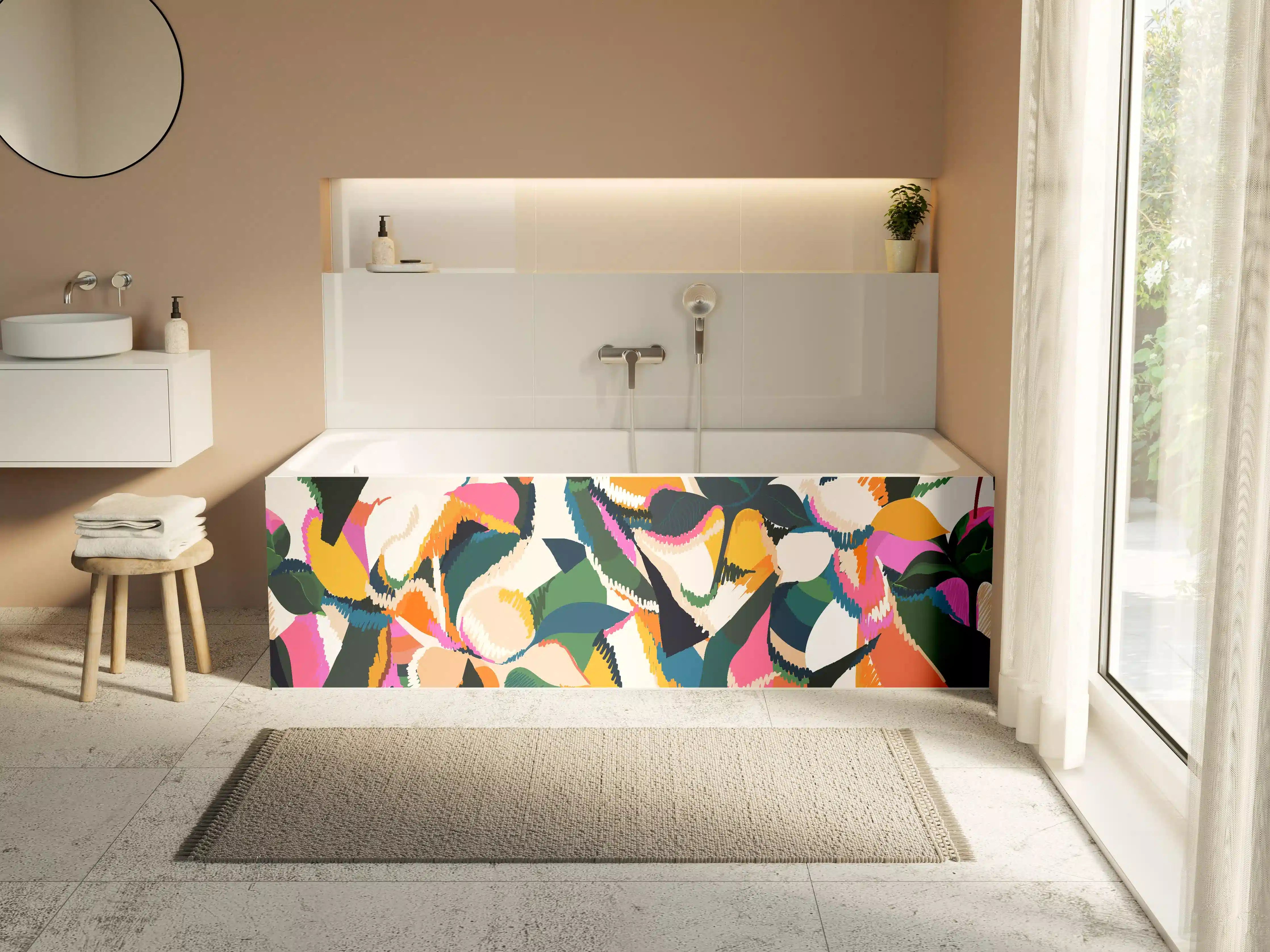 Badewannen-Rückwand - Abstrakte Tropische Blumen Pink-Orange