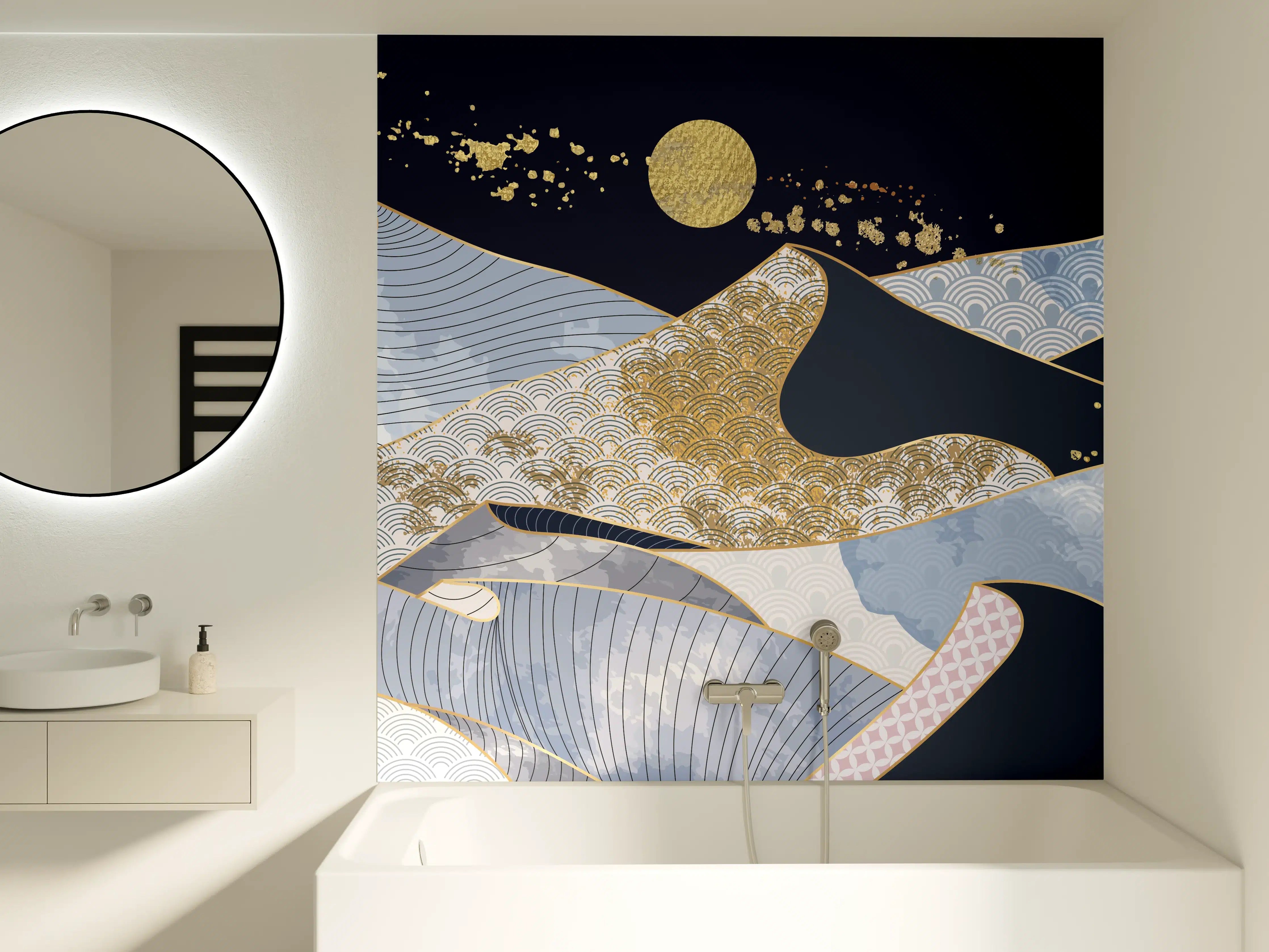 Badewannen-Rückwand - Abstrakte Wellen Gold Blau