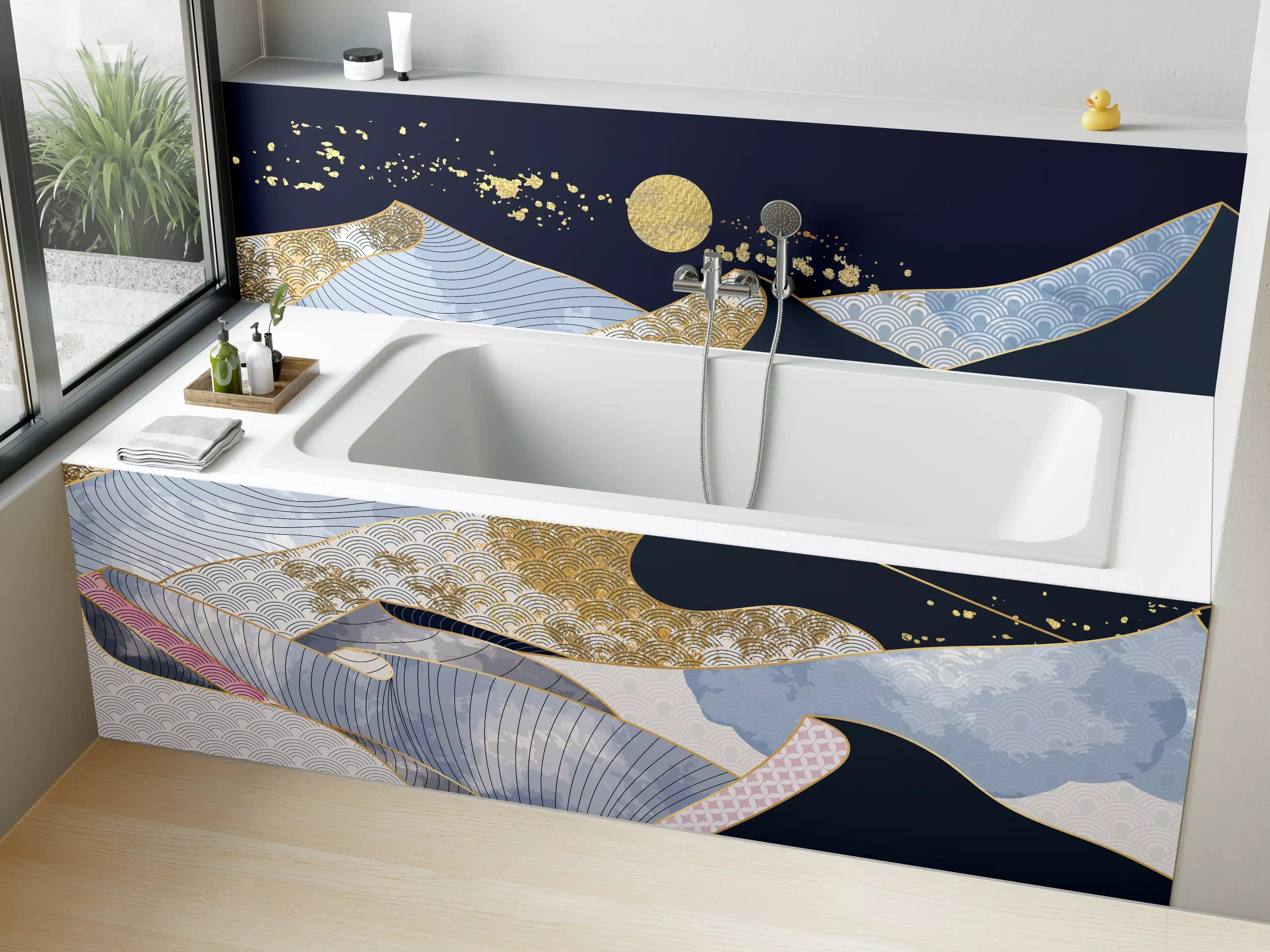 Badewannen-Rückwand - Abstrakte Wellen Gold Blau