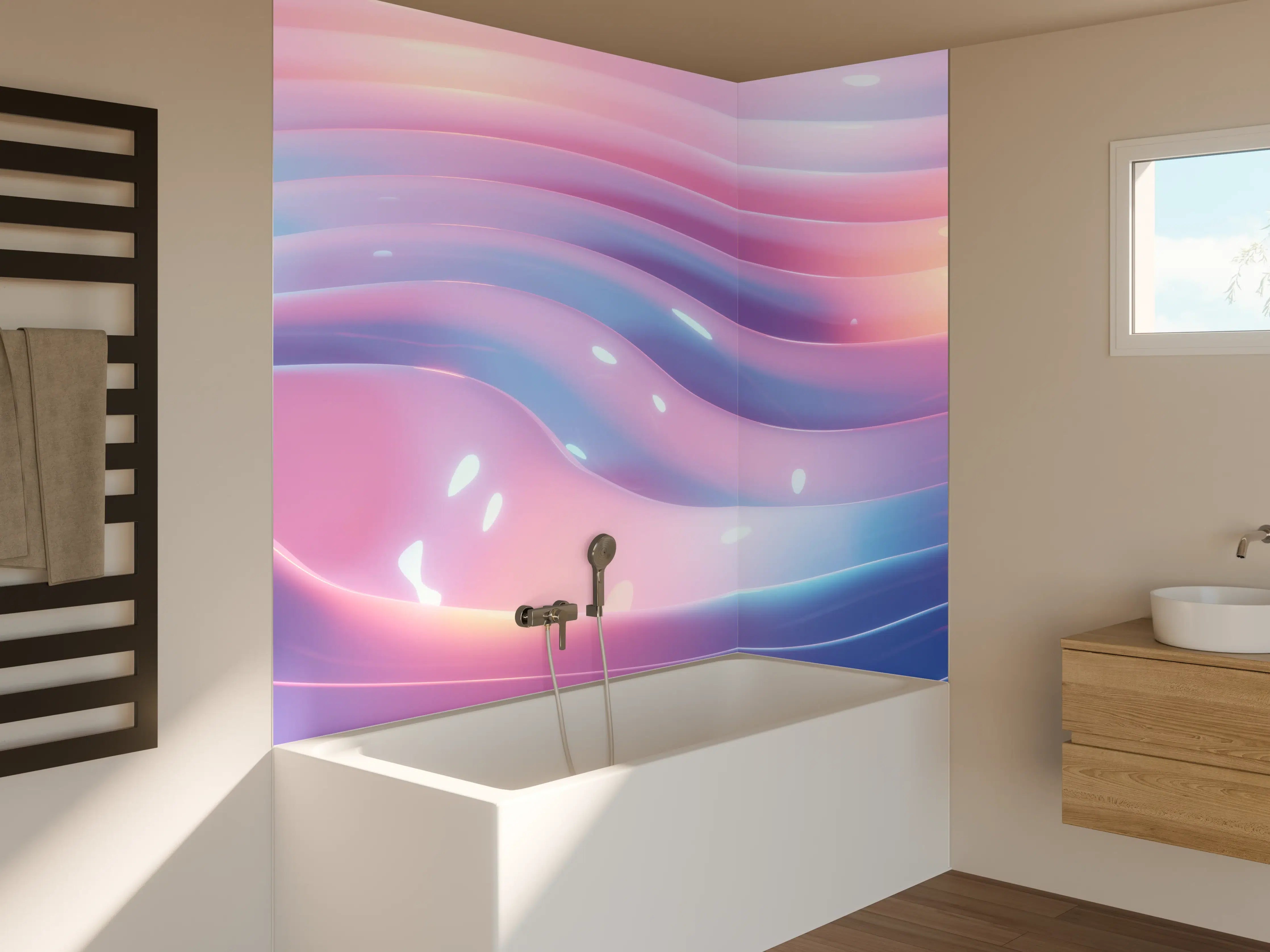 Badewannen-Rückwand - Abstrakte Wellen Rosa Blau