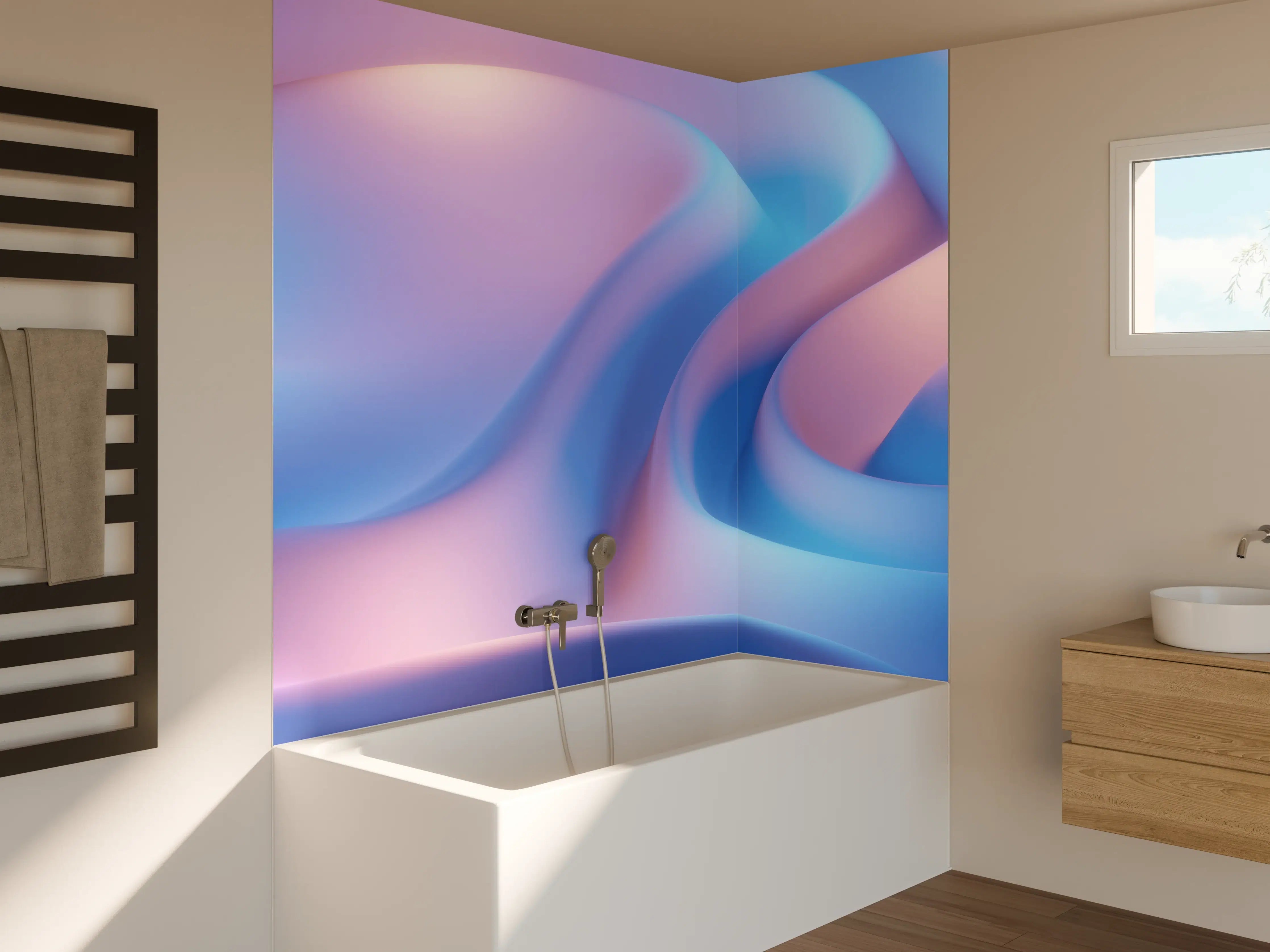 Badewannen-Rückwand - Abstrakte Wellen in Blau-Lila