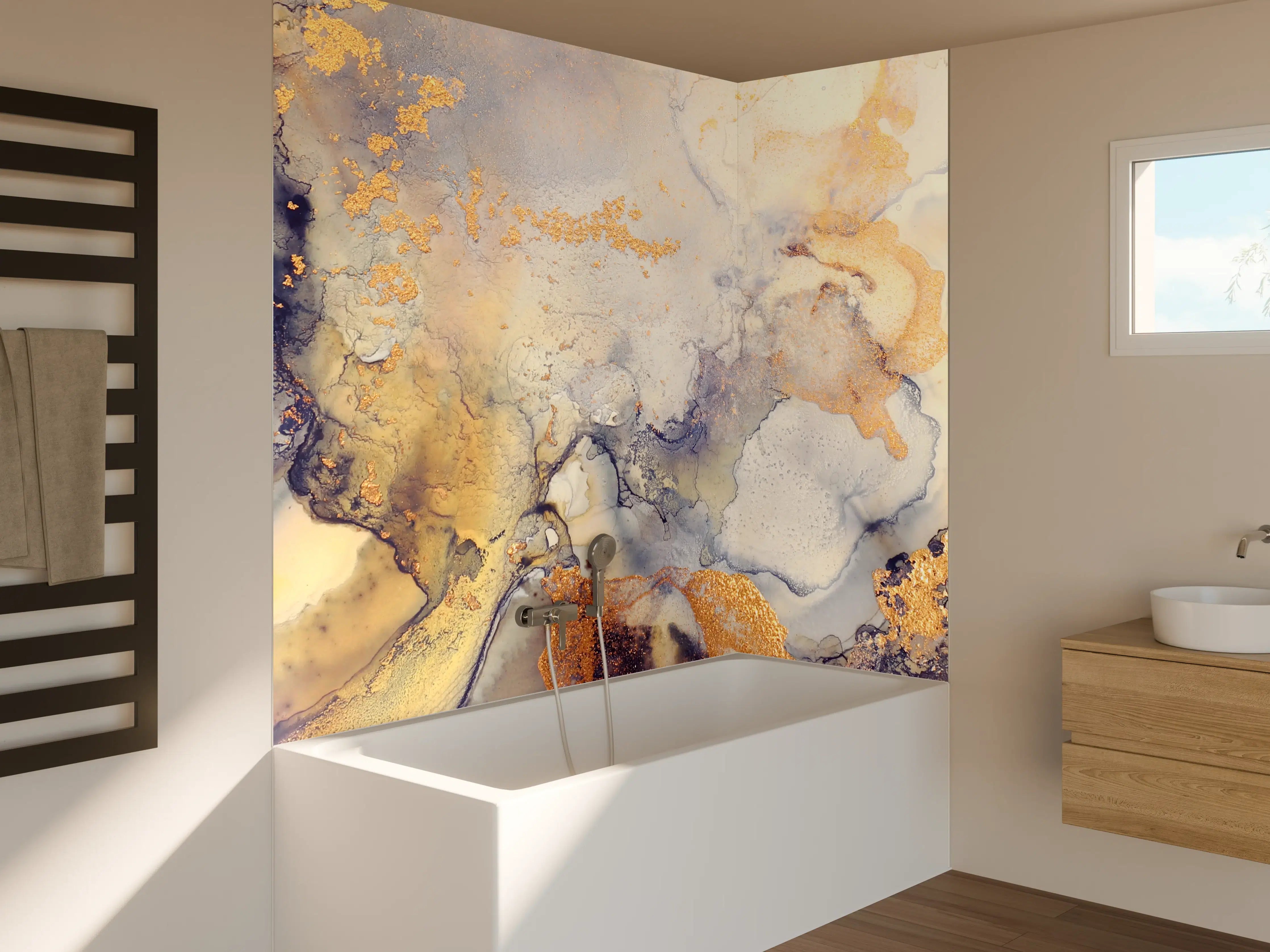 Badewannen-Rückwand - Abstrakte goldene Flüssigkunstmalerei