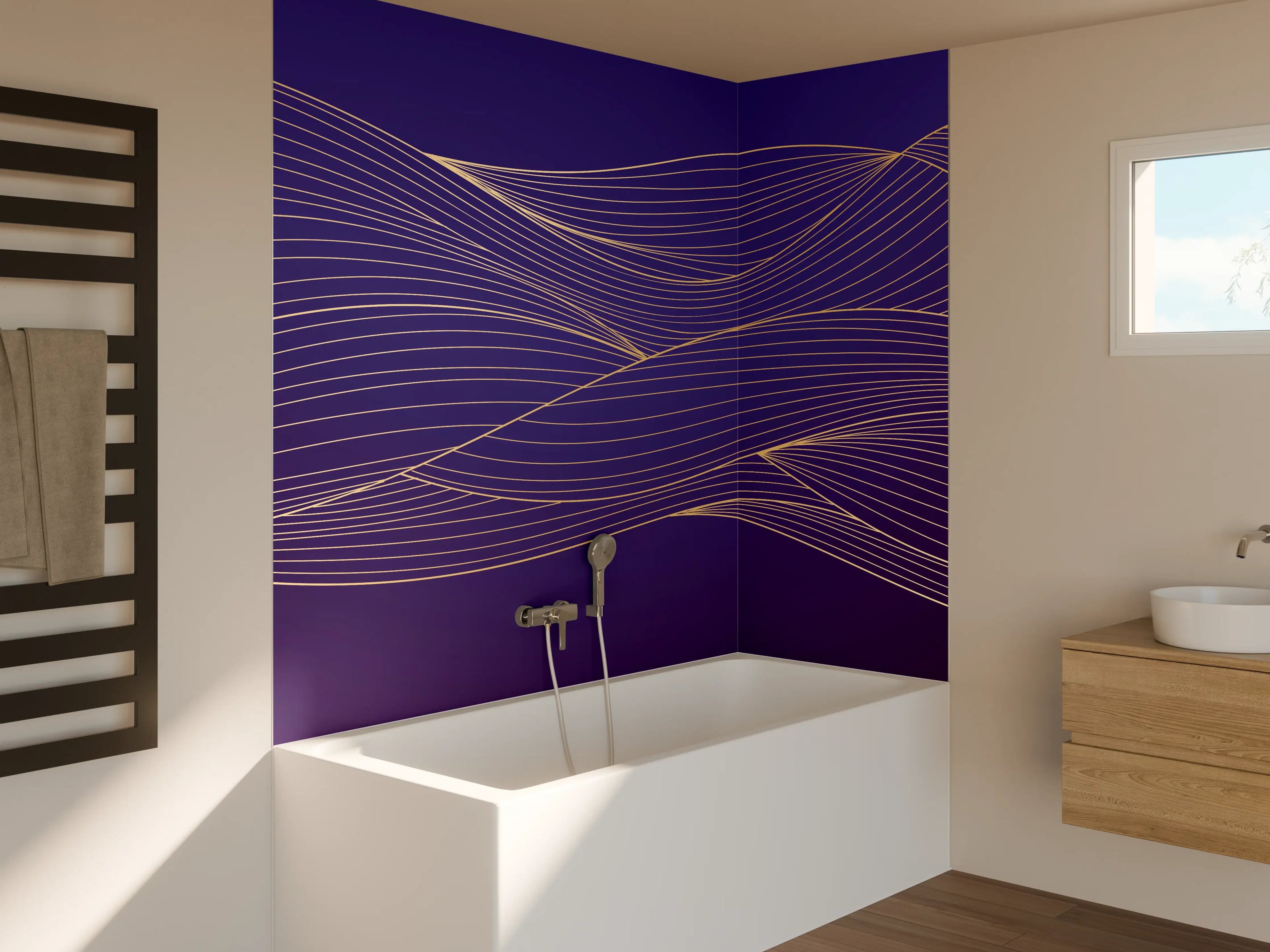 Badewannen-Rückwand - Abstrakte lila Wellenlinien Kunst