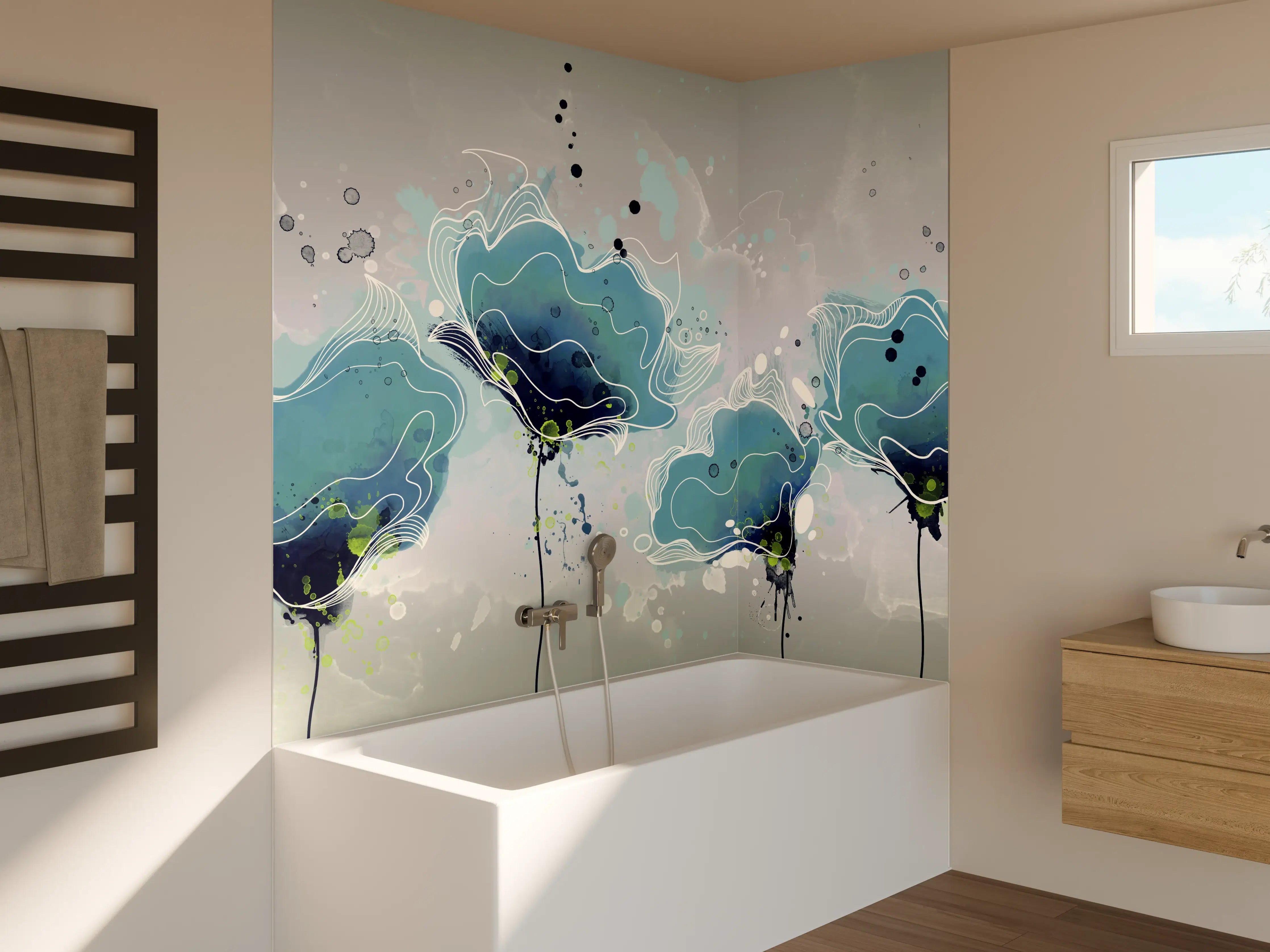Badewannen-Rückwand - Abstrakten blauen Aquarellblumen