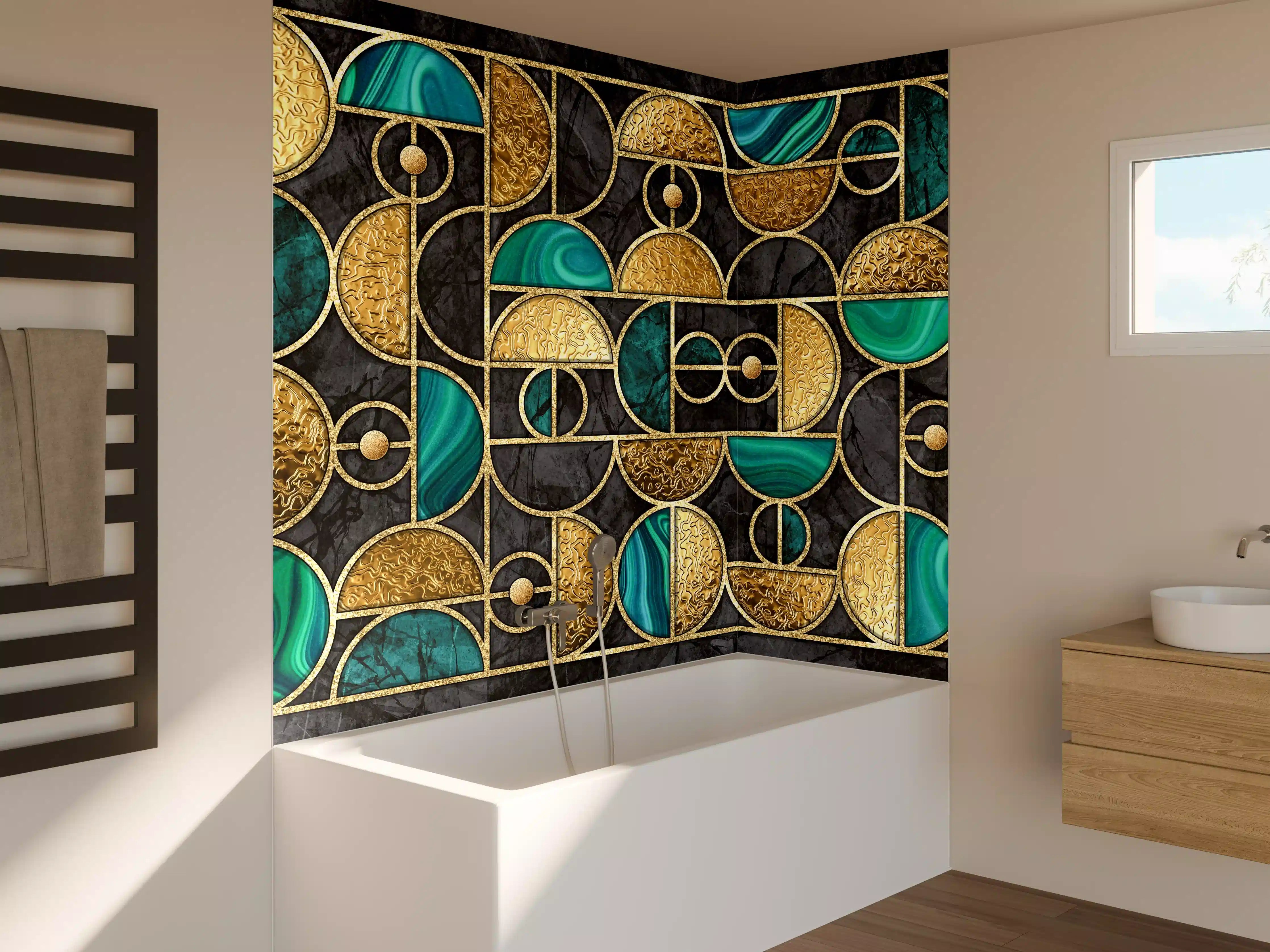 Badewannen-Rückwand - Abstrakter Gold-Schwarz-Grün Mosaik