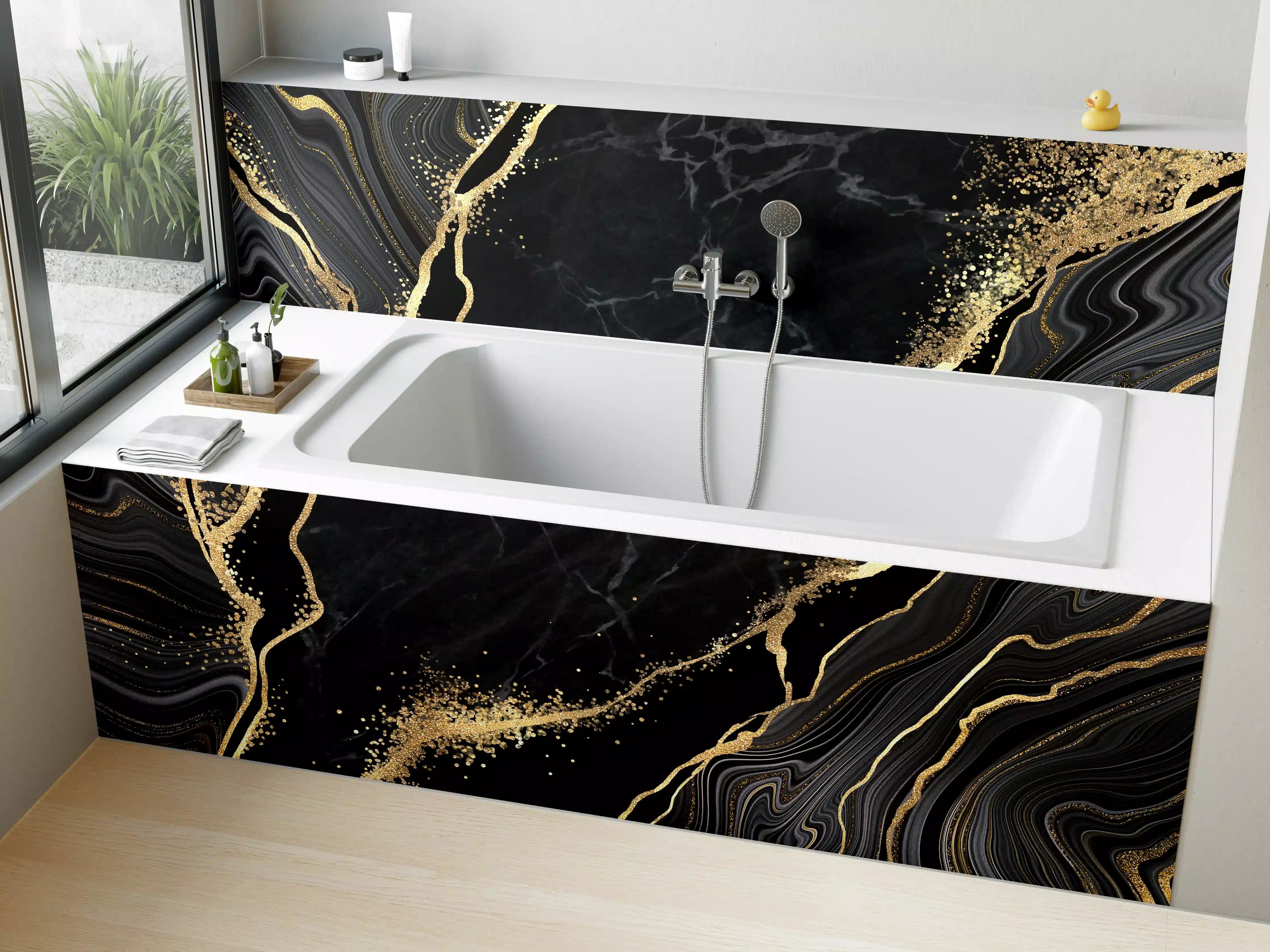 Badewannen-Rückwand - Abstrakter schwarzer Marmor mit goldenen Adern