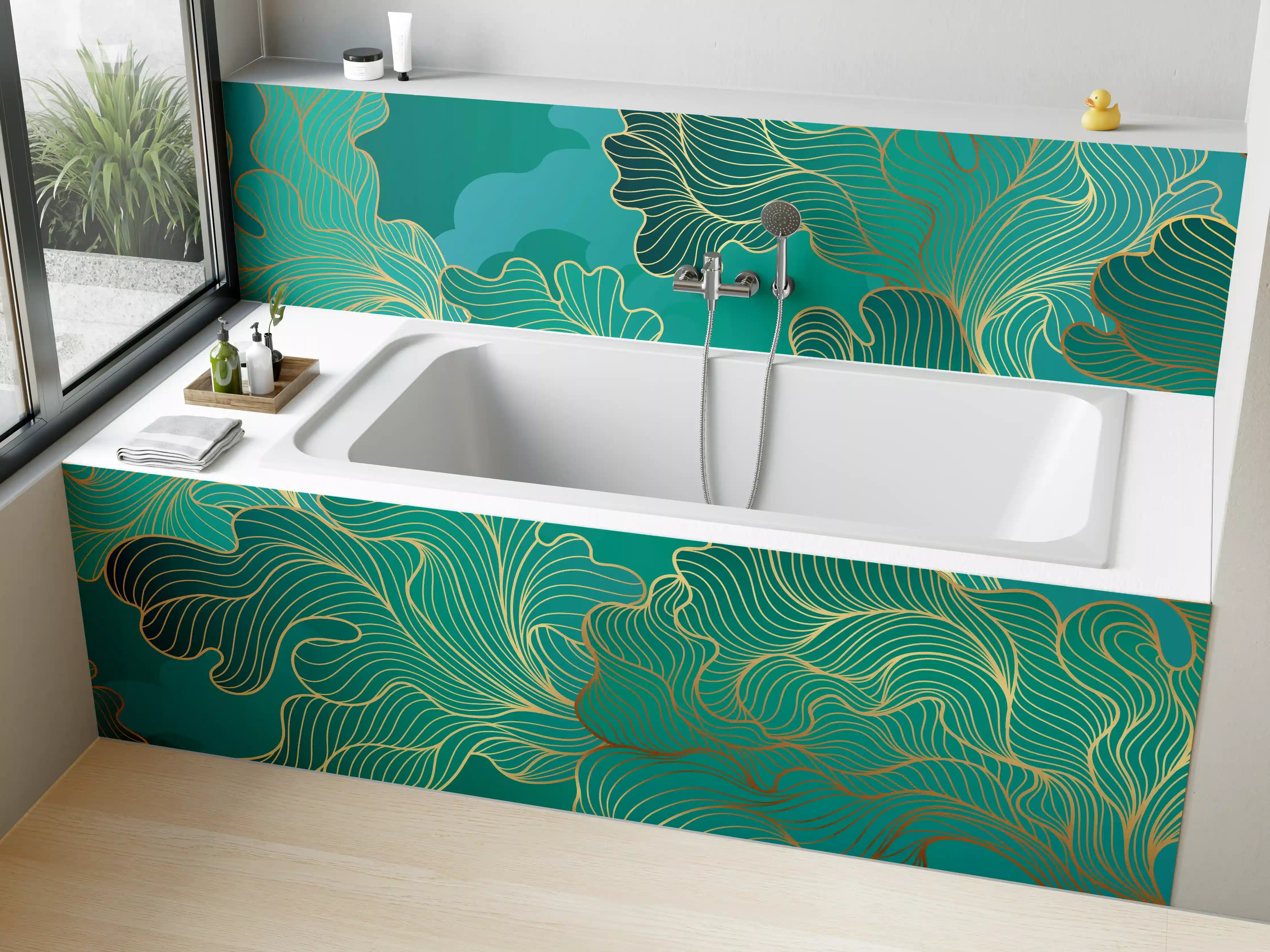Badewannen-Rückwand - Abstraktes Grüntöne-Gold-Lineart