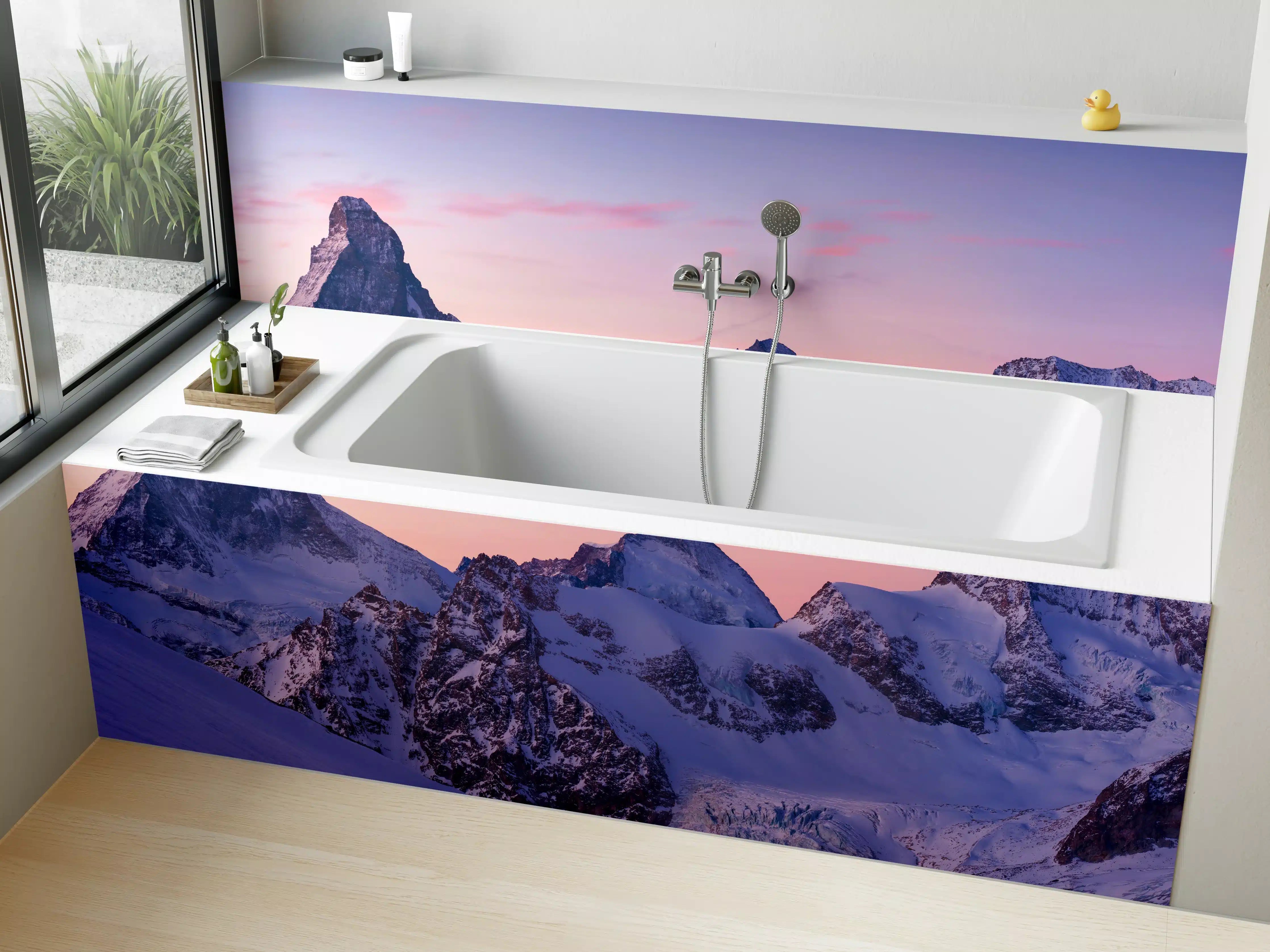 Badewannen-Rückwand - Alpenpanorama Sonnenuntergang Weiß-Rosa