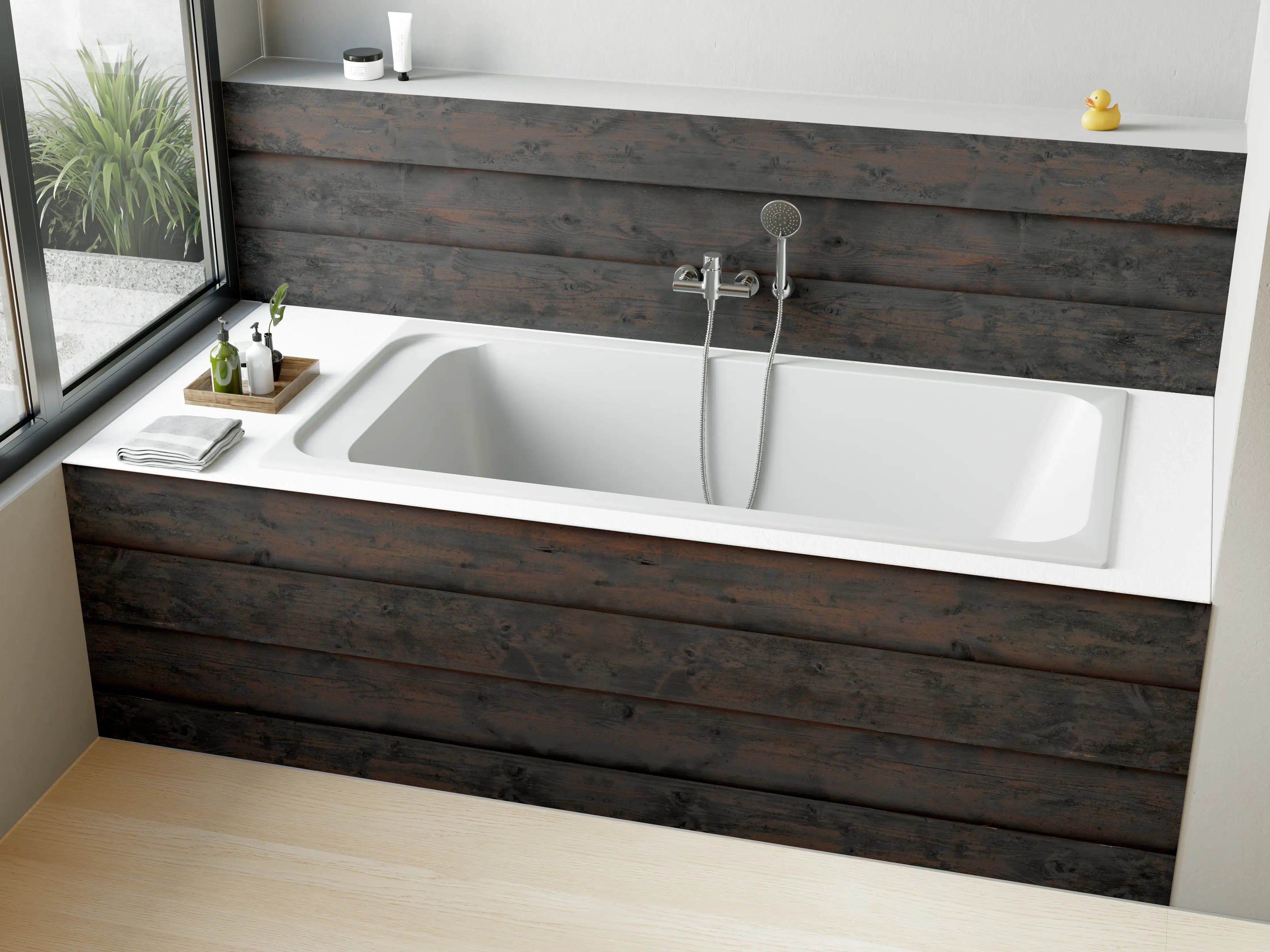 Badewannen-Rückwand - Alt braun lackierte Holzbretter