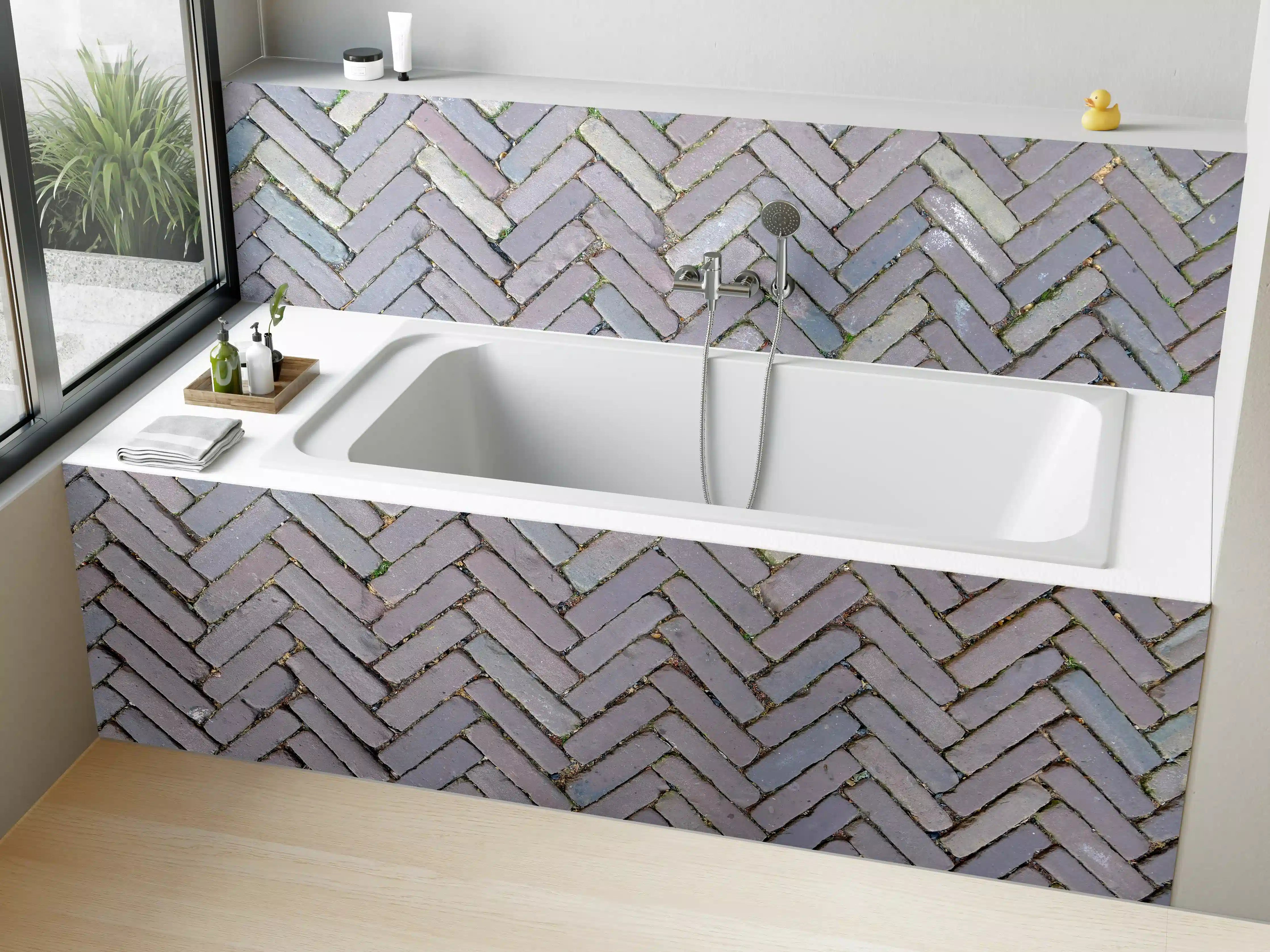 Badewannen-Rückwand - Alte Pflastersteine in Grautönen