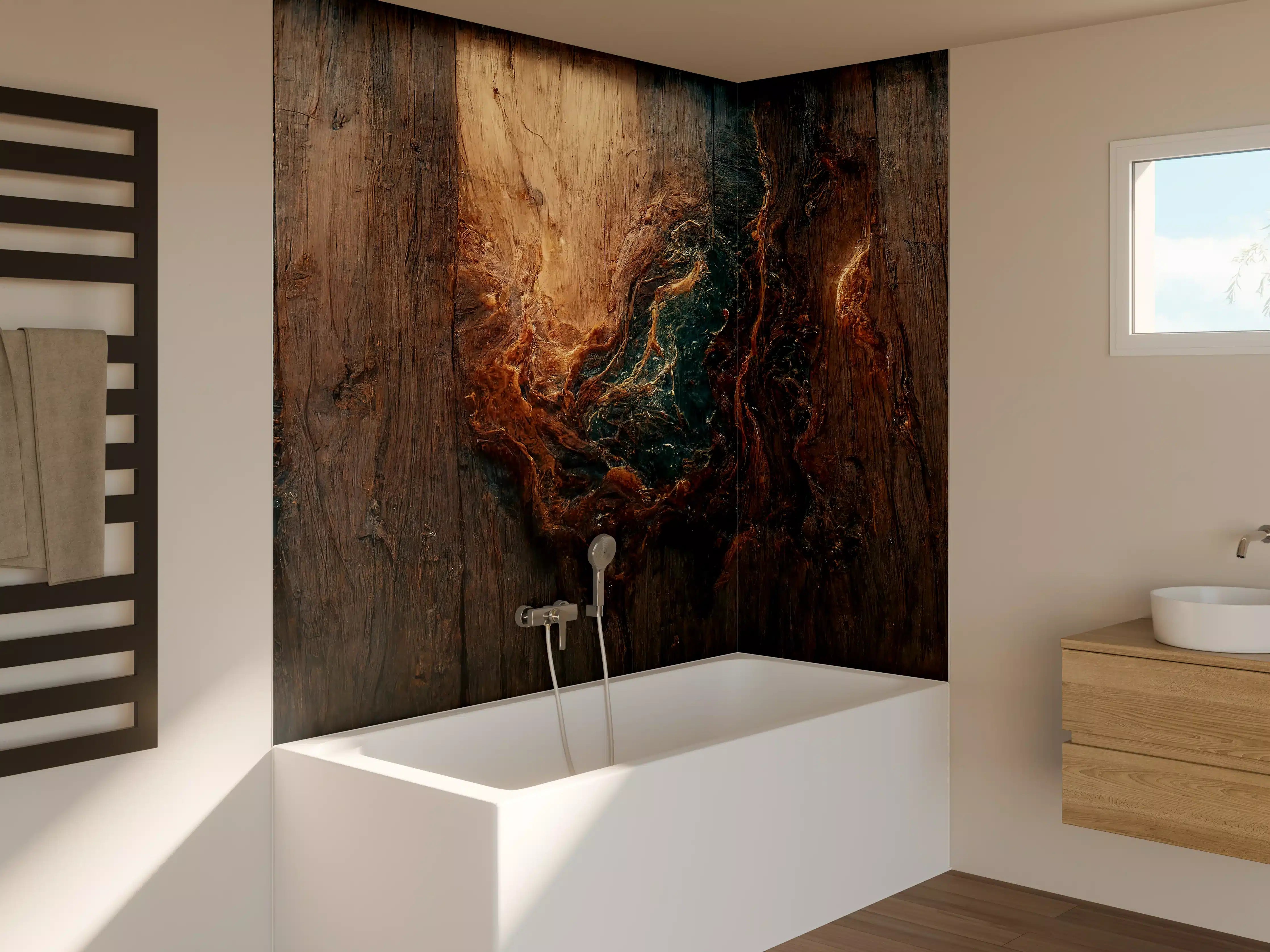 Badewannen-Rückwand - Alter Holzhintergrund mit blauem Harz