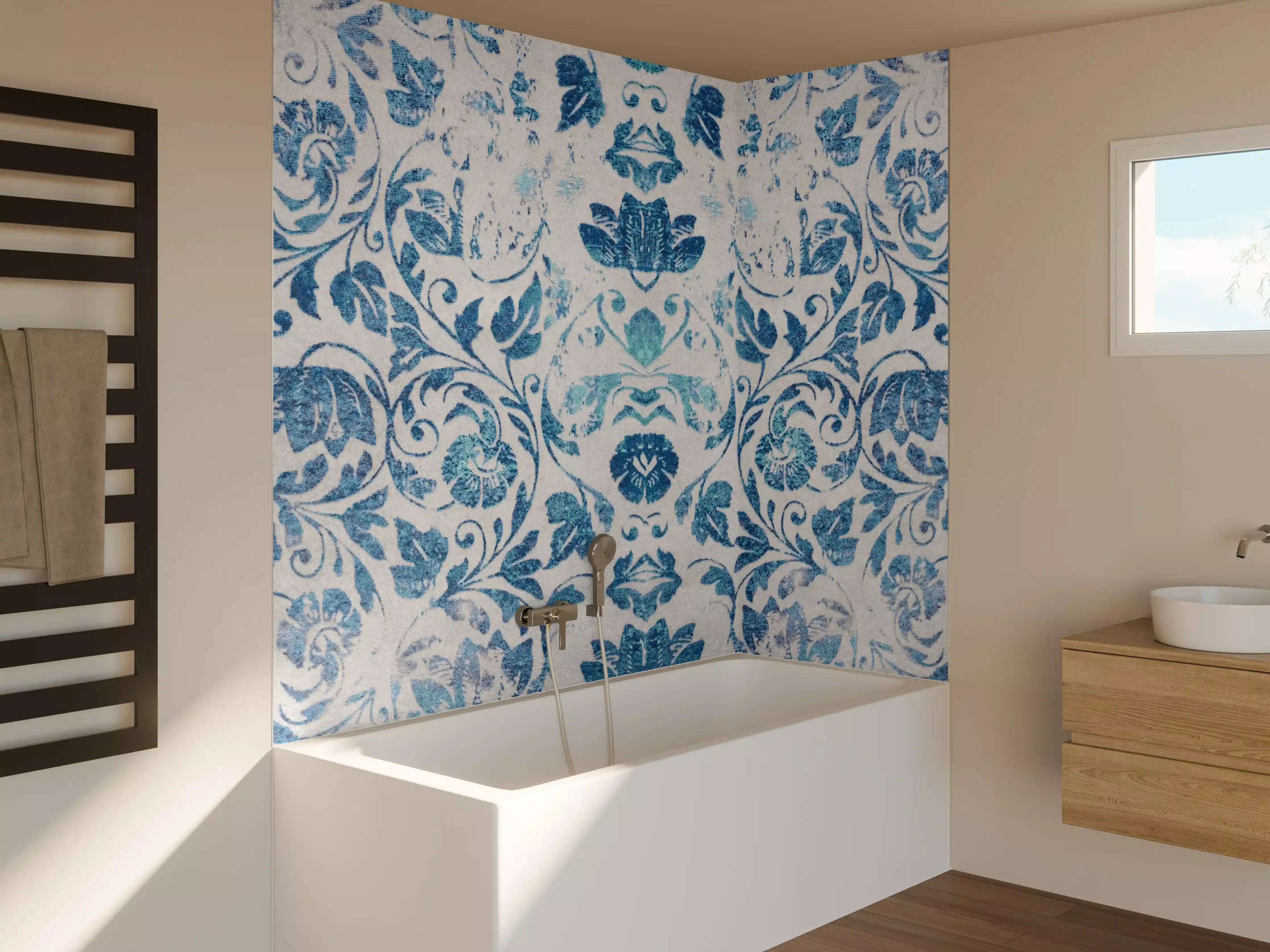 Badewannen-Rückwand - Altes Abgenutztes Damast Patchwork Vintage Motiv