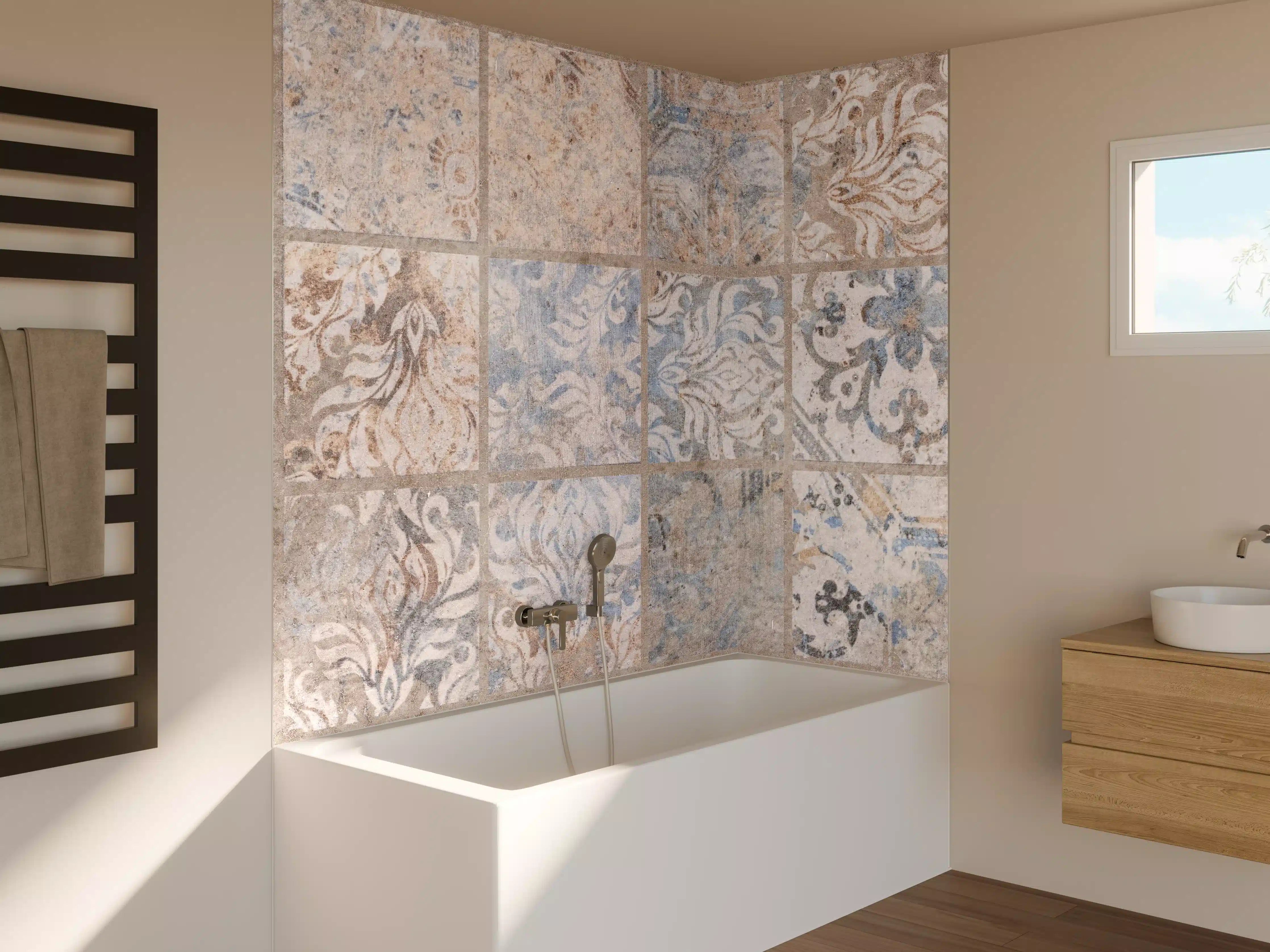 Badewannen-Rückwand - Altes blau-braun Patchwork Motiv