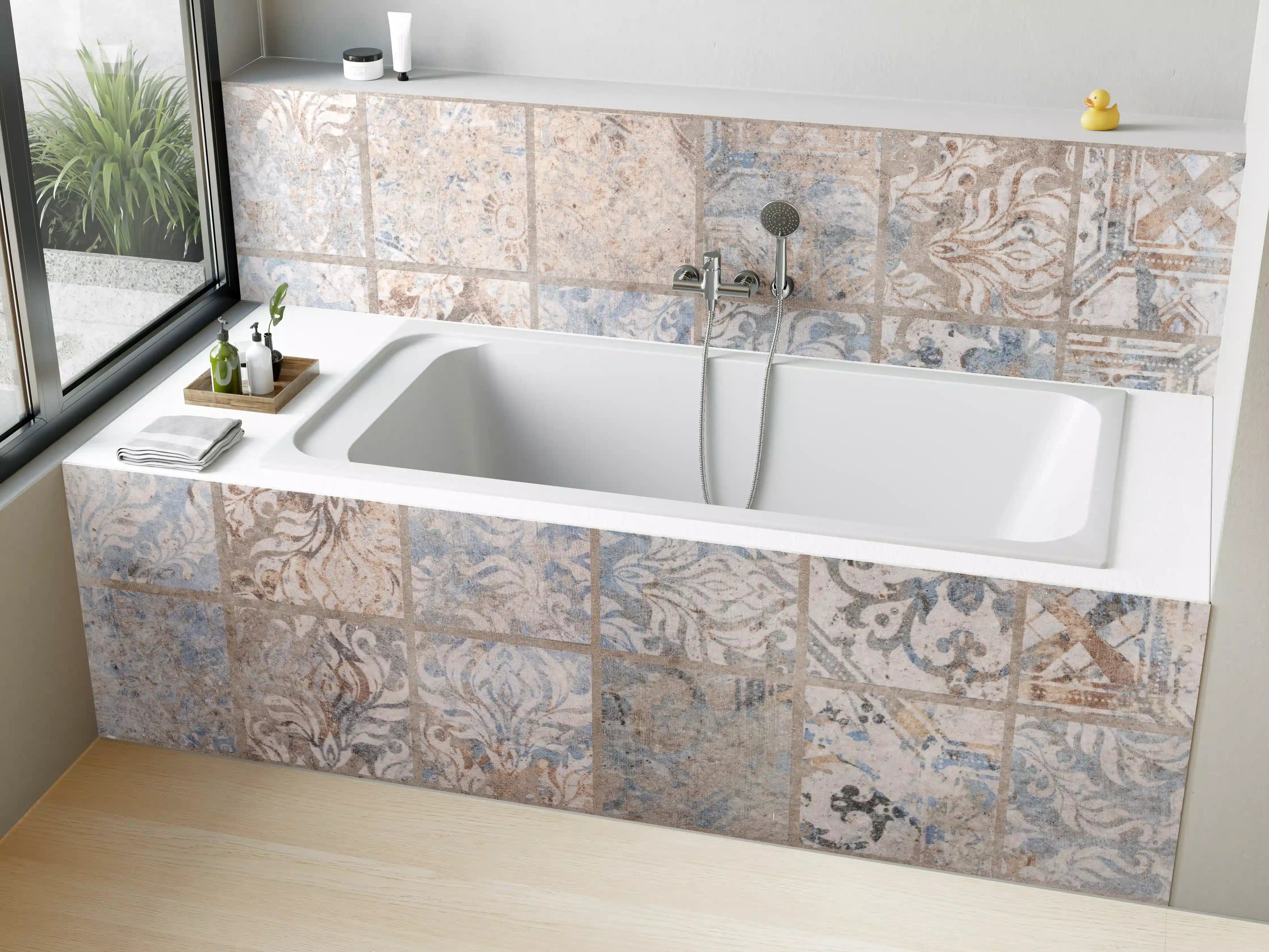 Badewannen-Rückwand - Altes blau-braun Patchwork Motiv