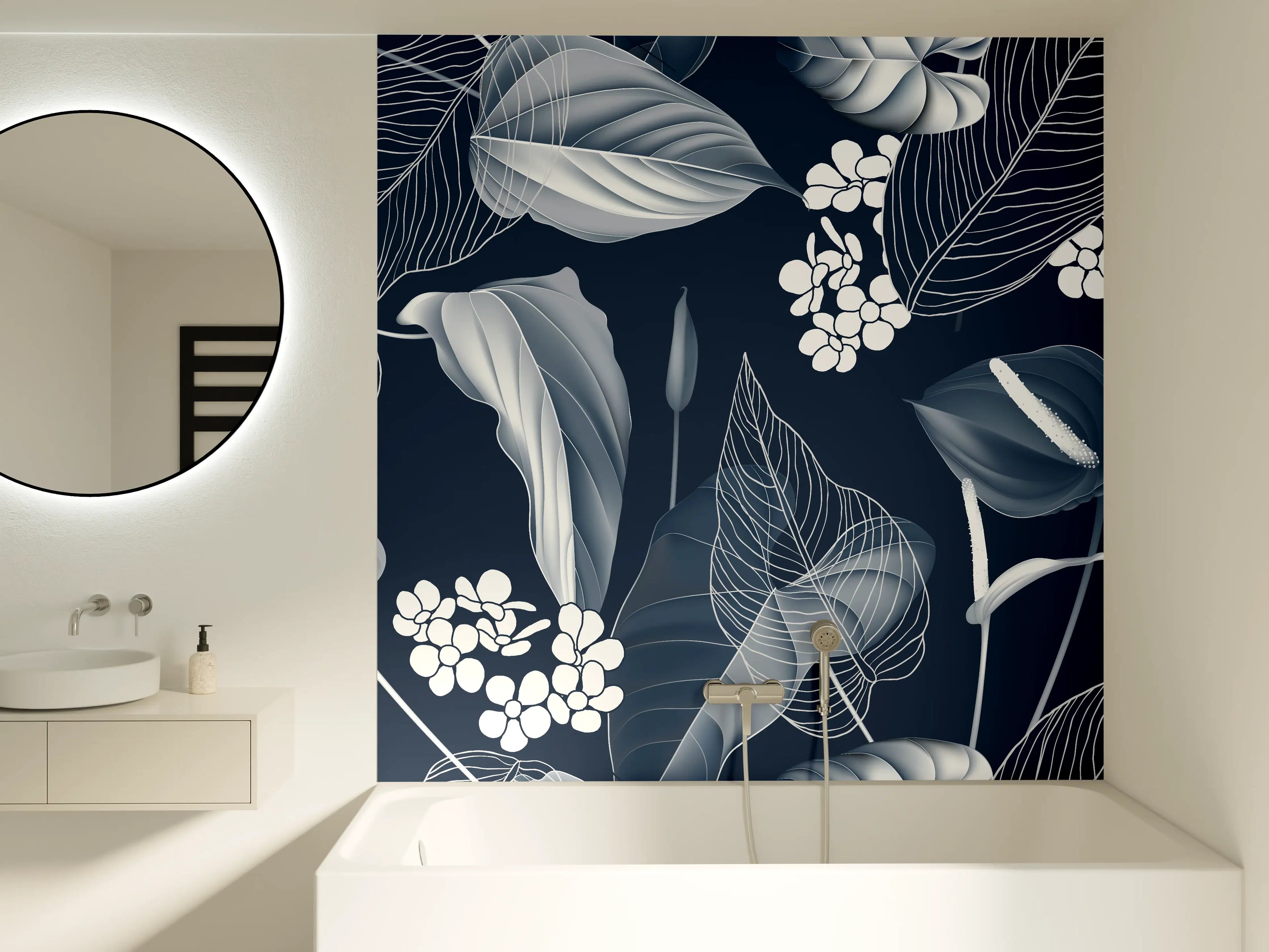 Badewannen-Rückwand - Anthurium Blumen Dunkelblau Muster