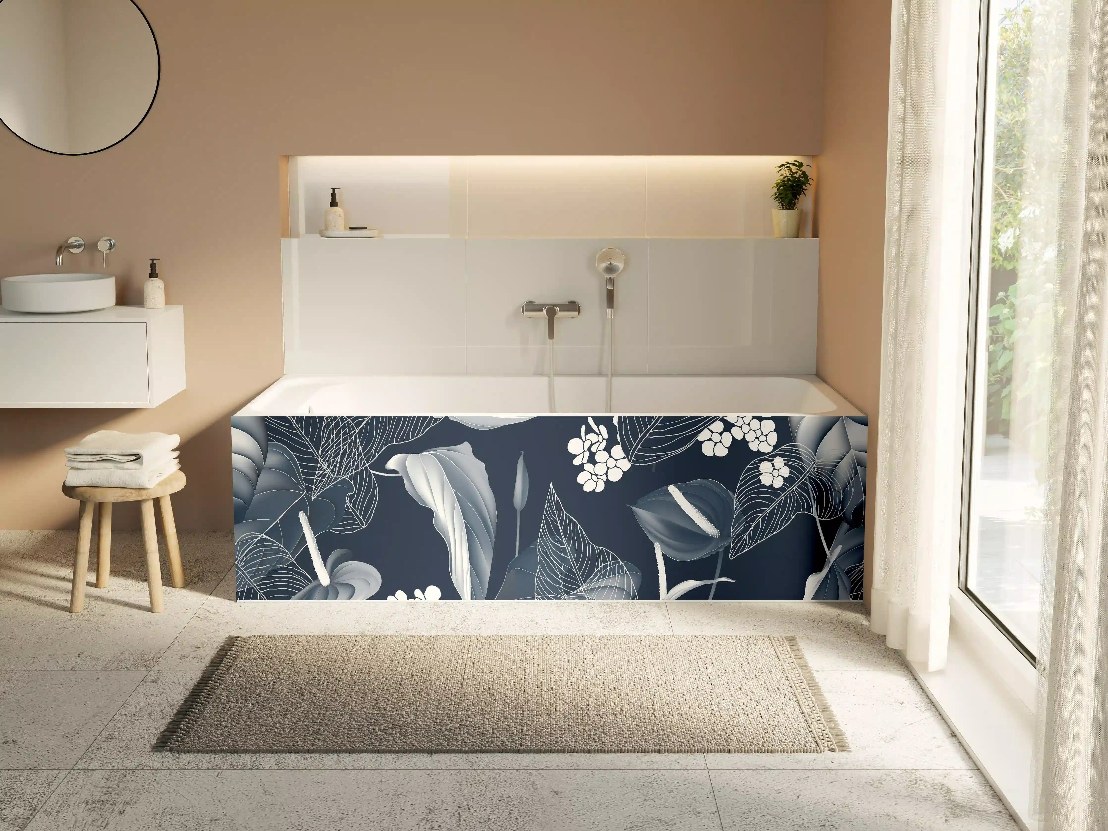 Badewannen-Rückwand - Anthurium Blumen Dunkelblau Muster