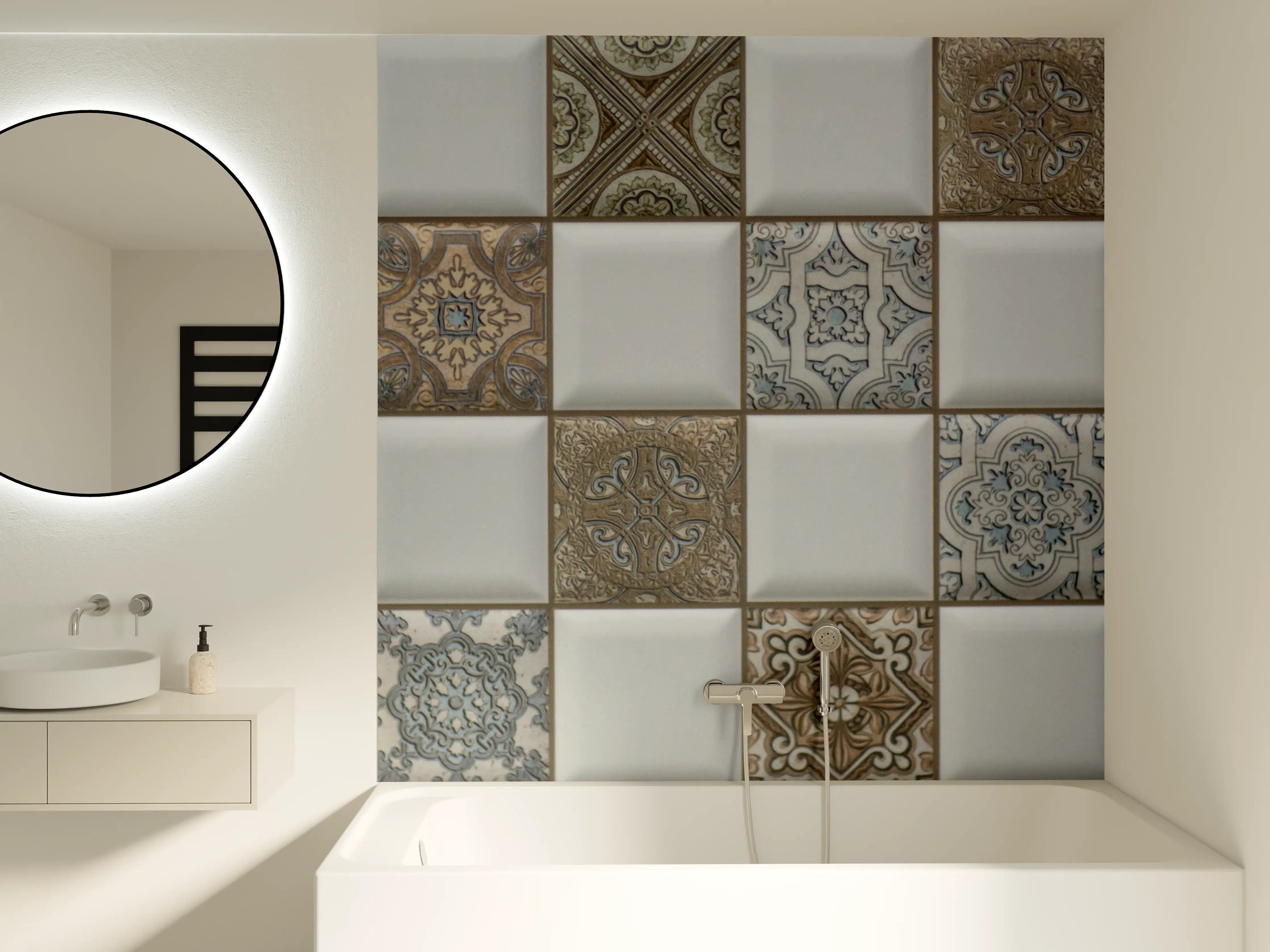 Badewannen-Rückwand - Antike Fliesenmuster in neutralen Erdtönen