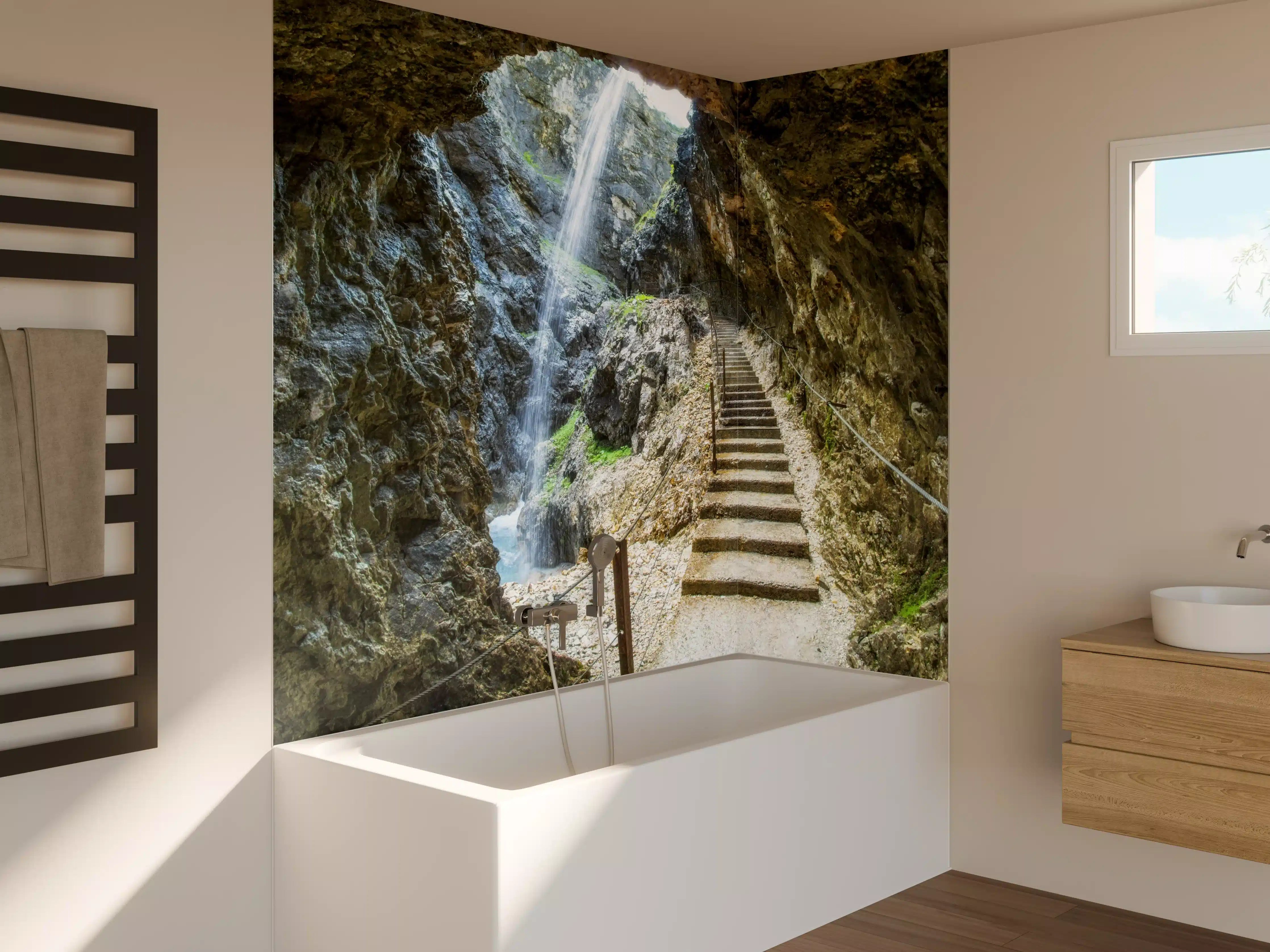 Badewannen-Rückwand - Antike Steintreppen mit Wasserfall