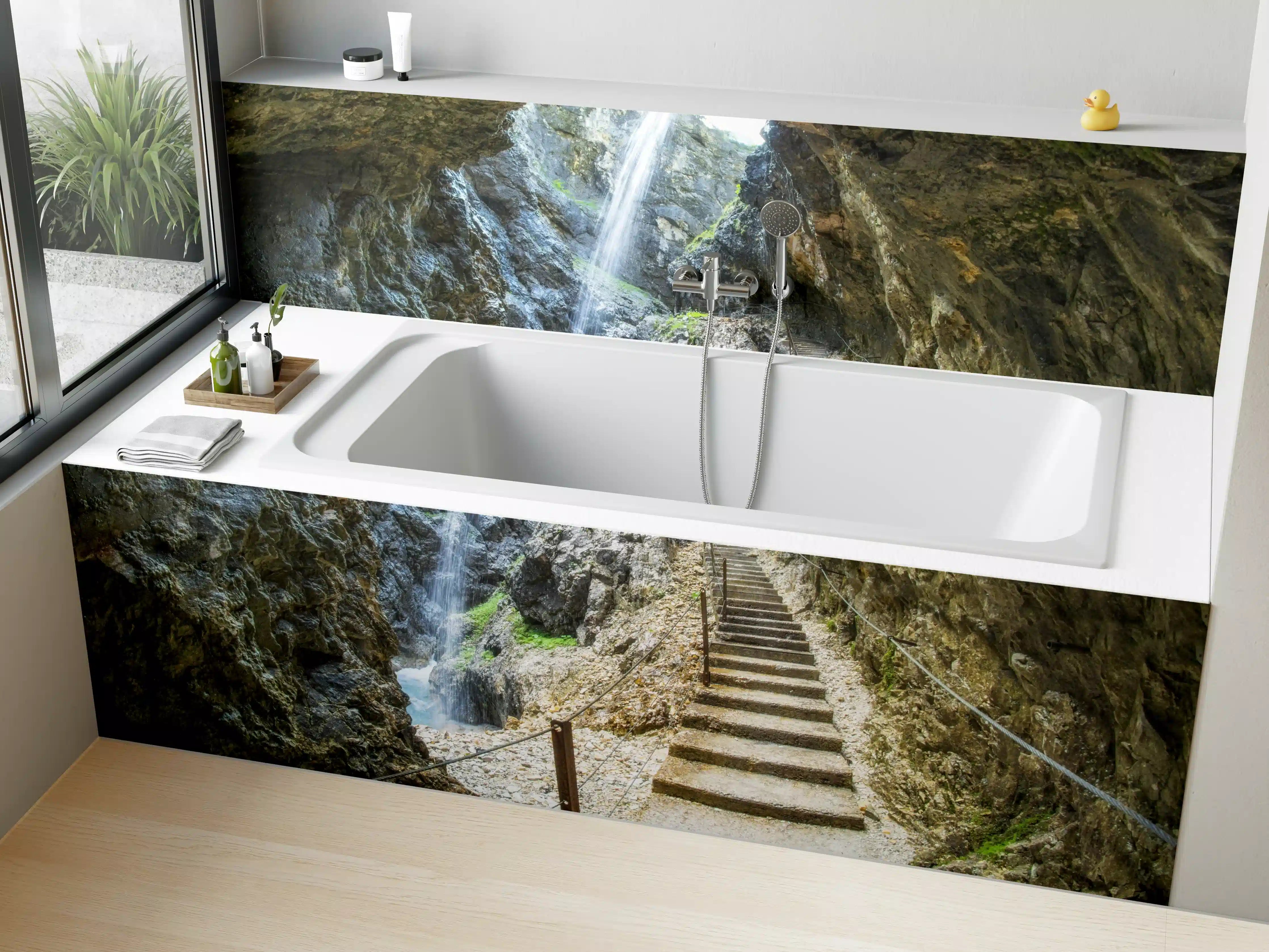 Badewannen-Rückwand - Antike Steintreppen mit Wasserfall