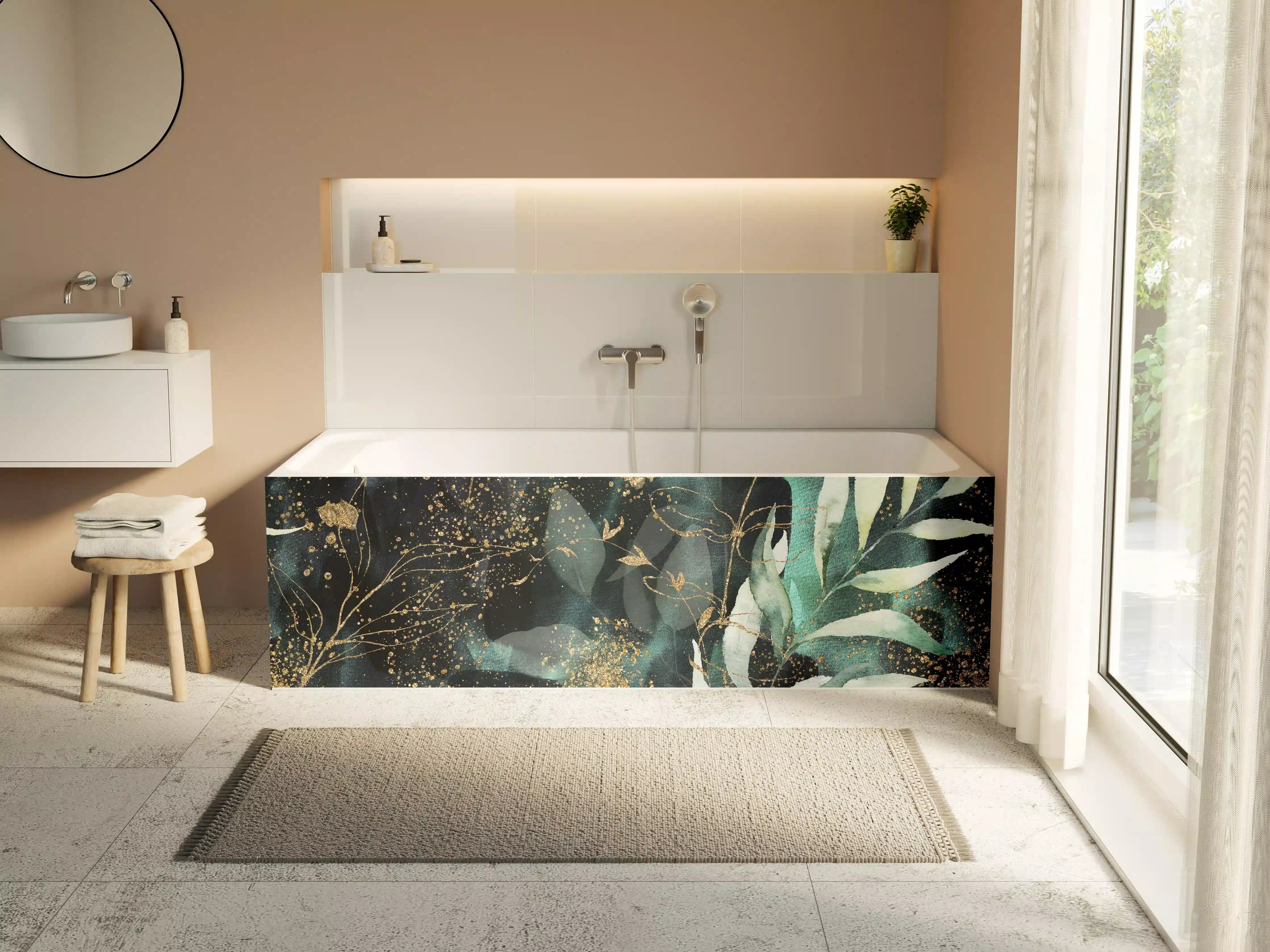Badewannen-Rückwand - Aquarell - abstrakte Blumen mit gold