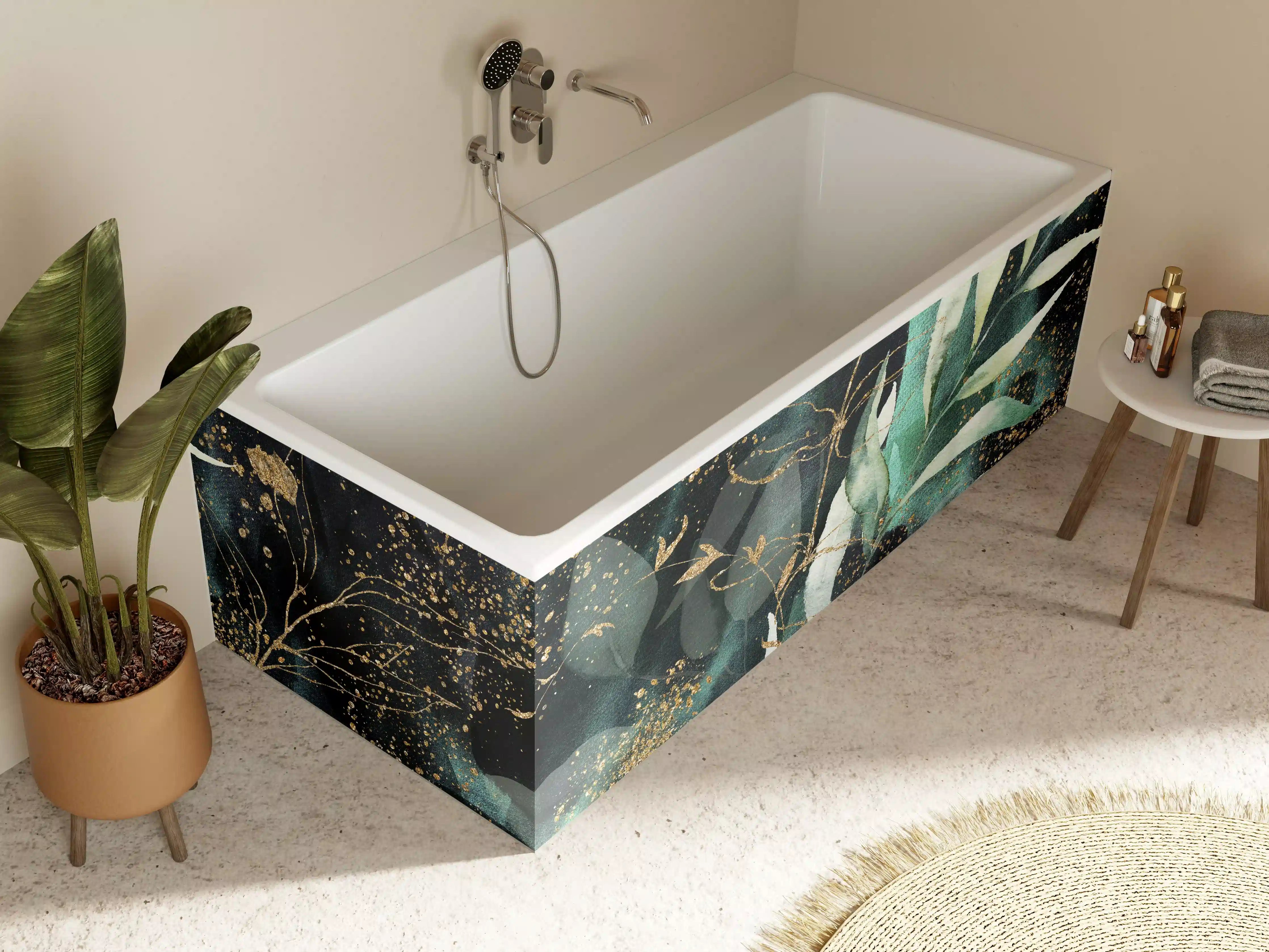 Badewannen-Rückwand - Aquarell - abstrakte Blumen mit gold