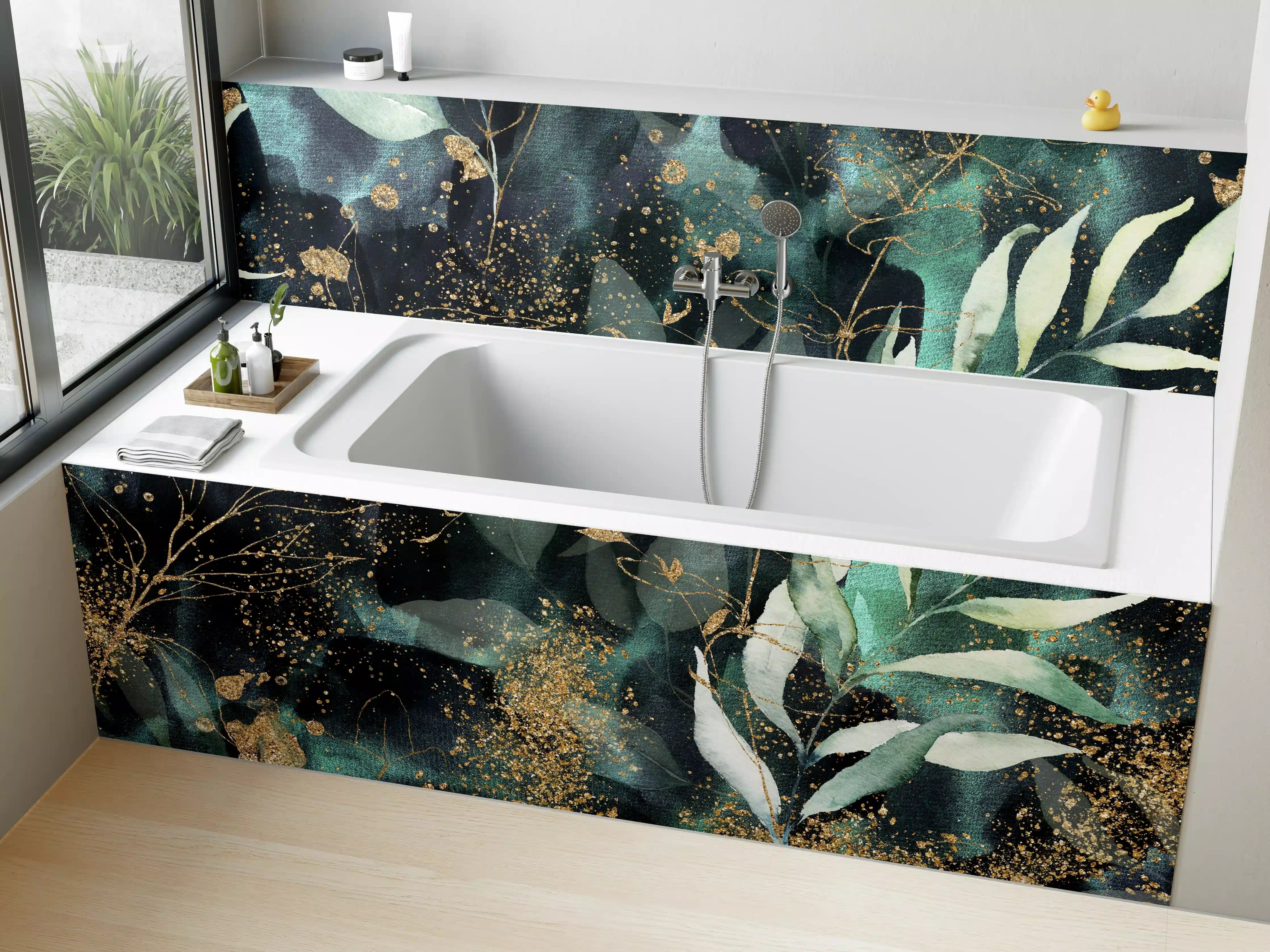 Badewannen-Rückwand - Aquarell - abstrakte Blumen mit gold