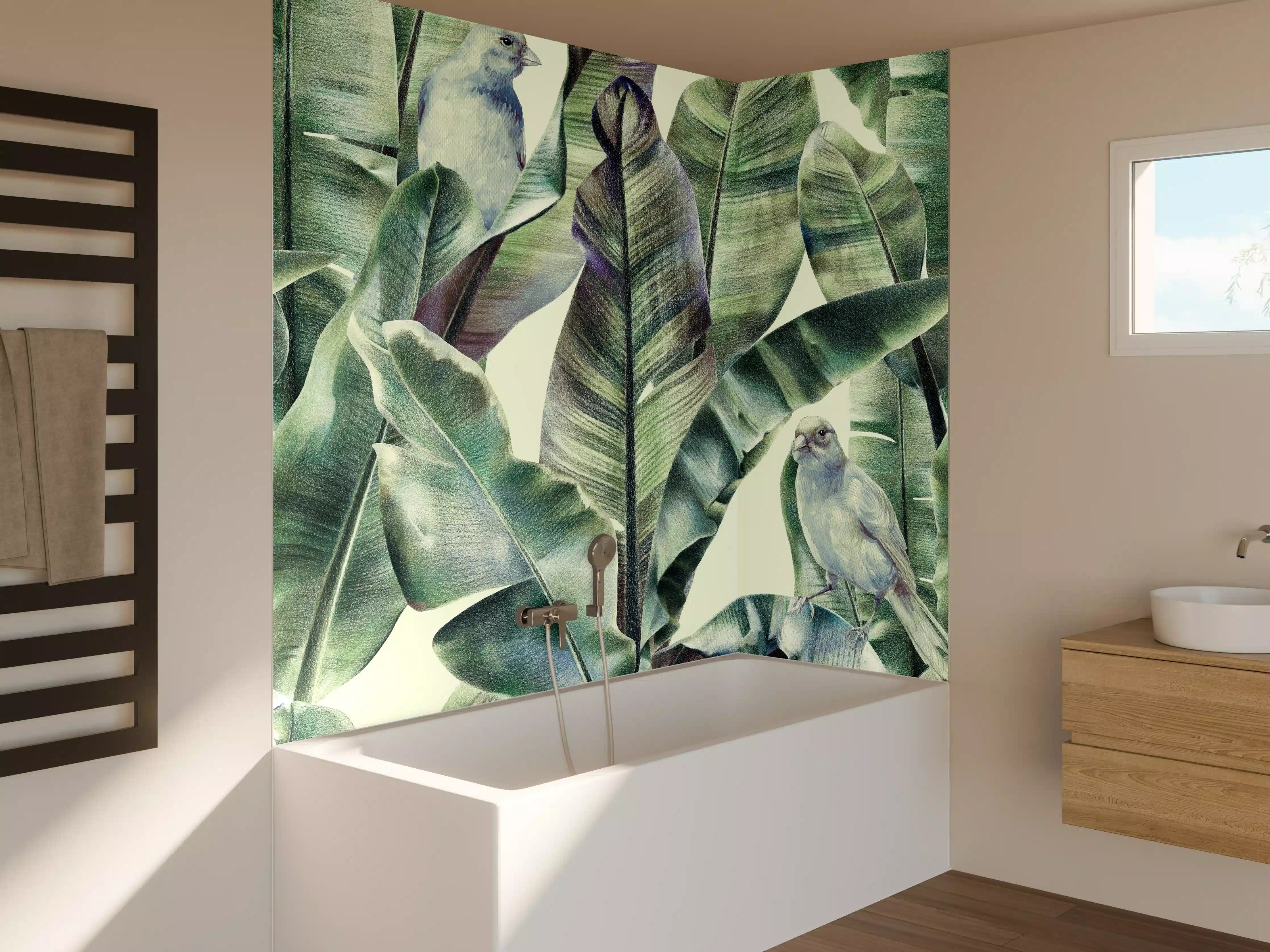 Badewannen-Rückwand - Aquarell - exotischen Vögel auf Bananenblättern