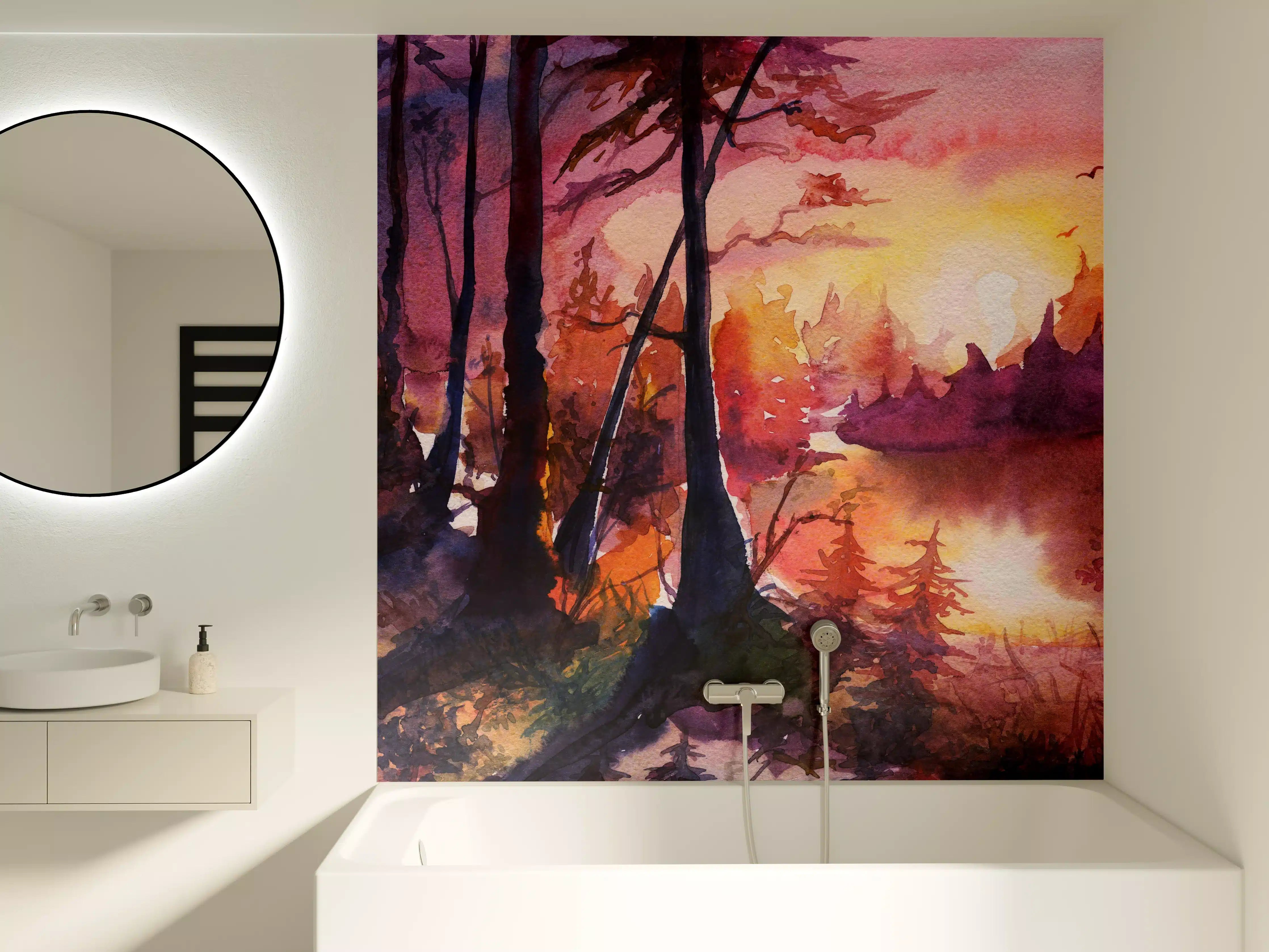 Badewannen-Rückwand - Aquarell Waldlandschaft Malerei