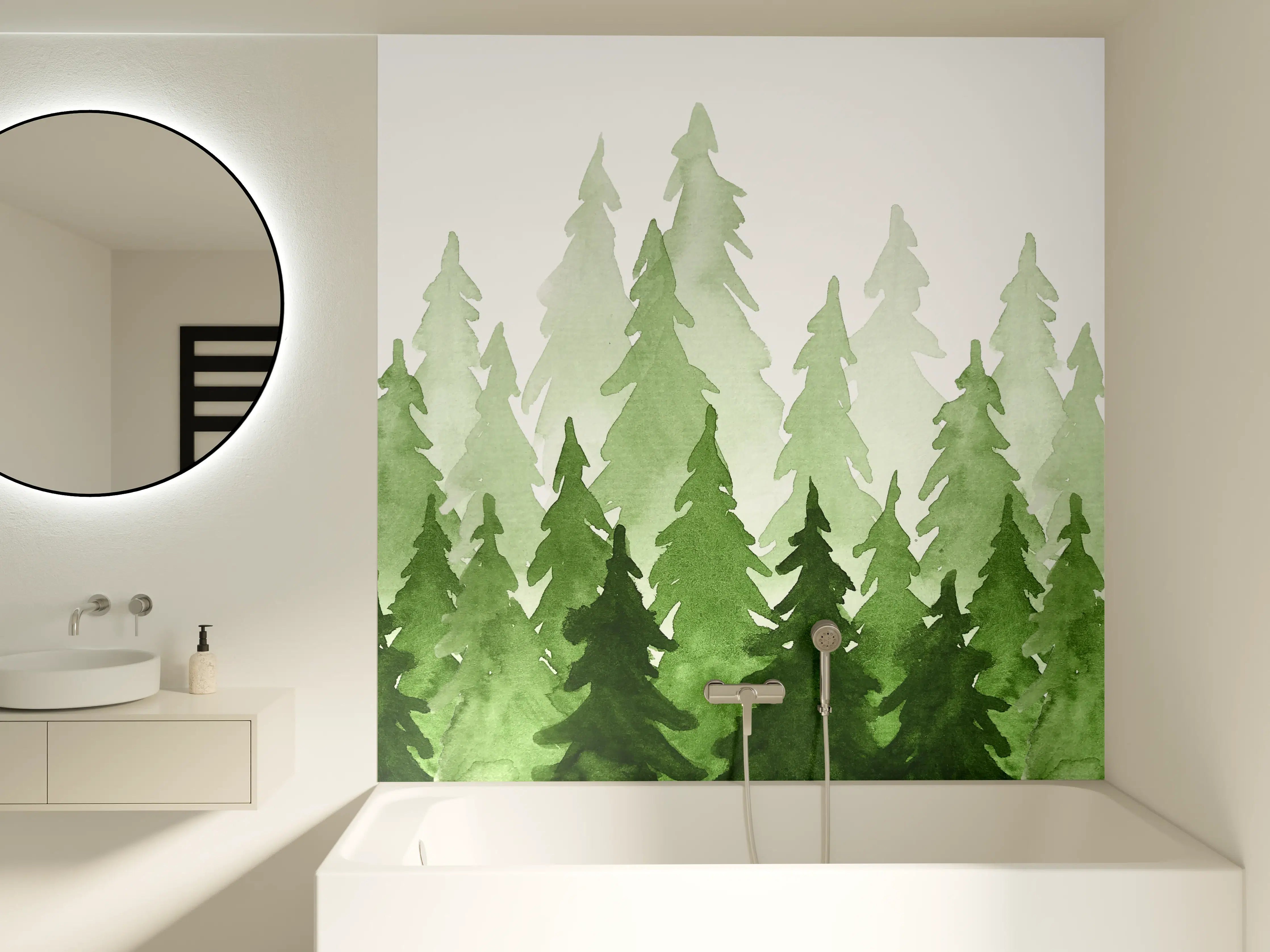 Badewannen-Rückwand - Aquarell von grünen Tannenbäumen