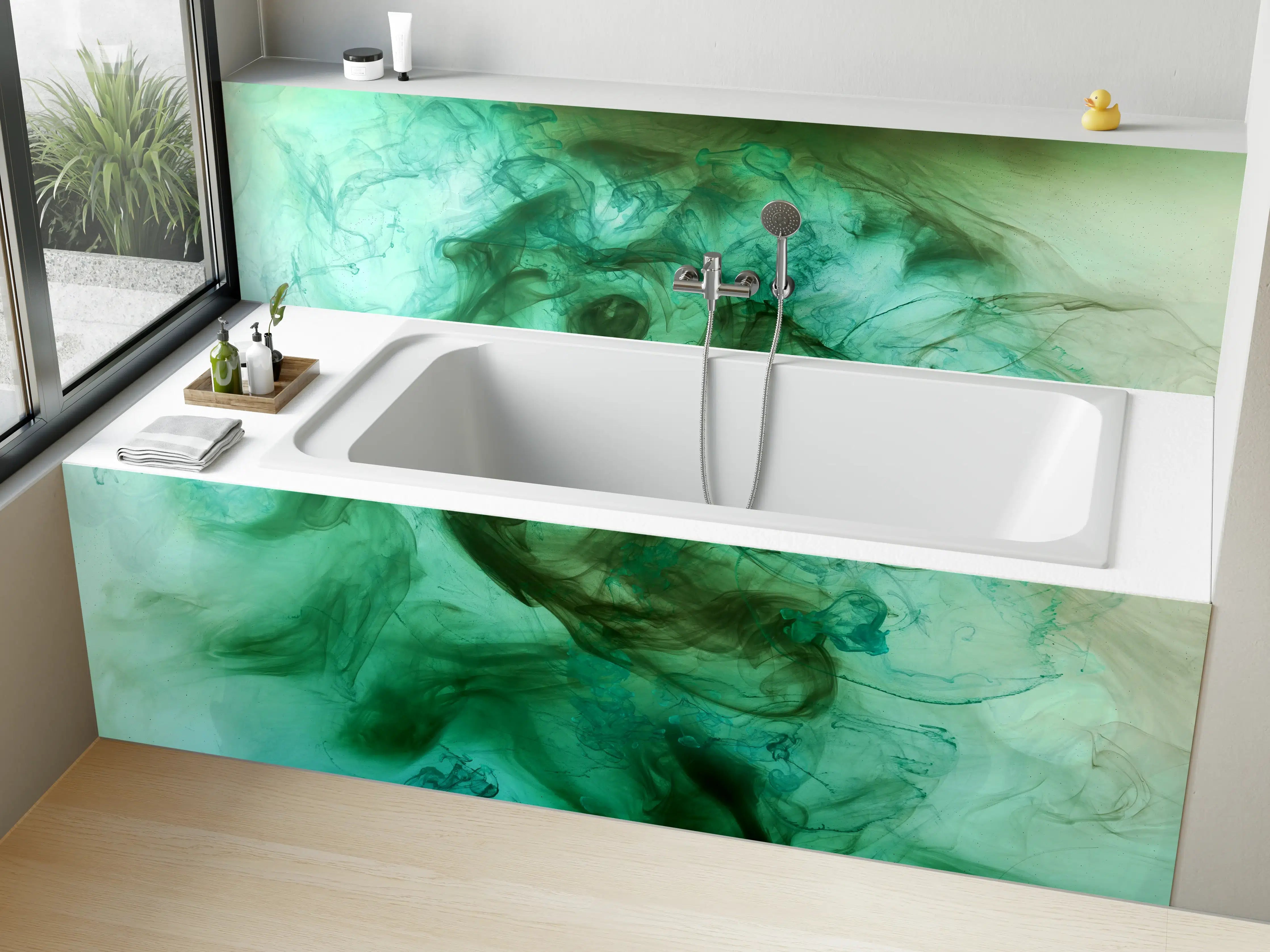 Badewannen-Rückwand - Aquarellartige grüne und blaue Farbexplosion