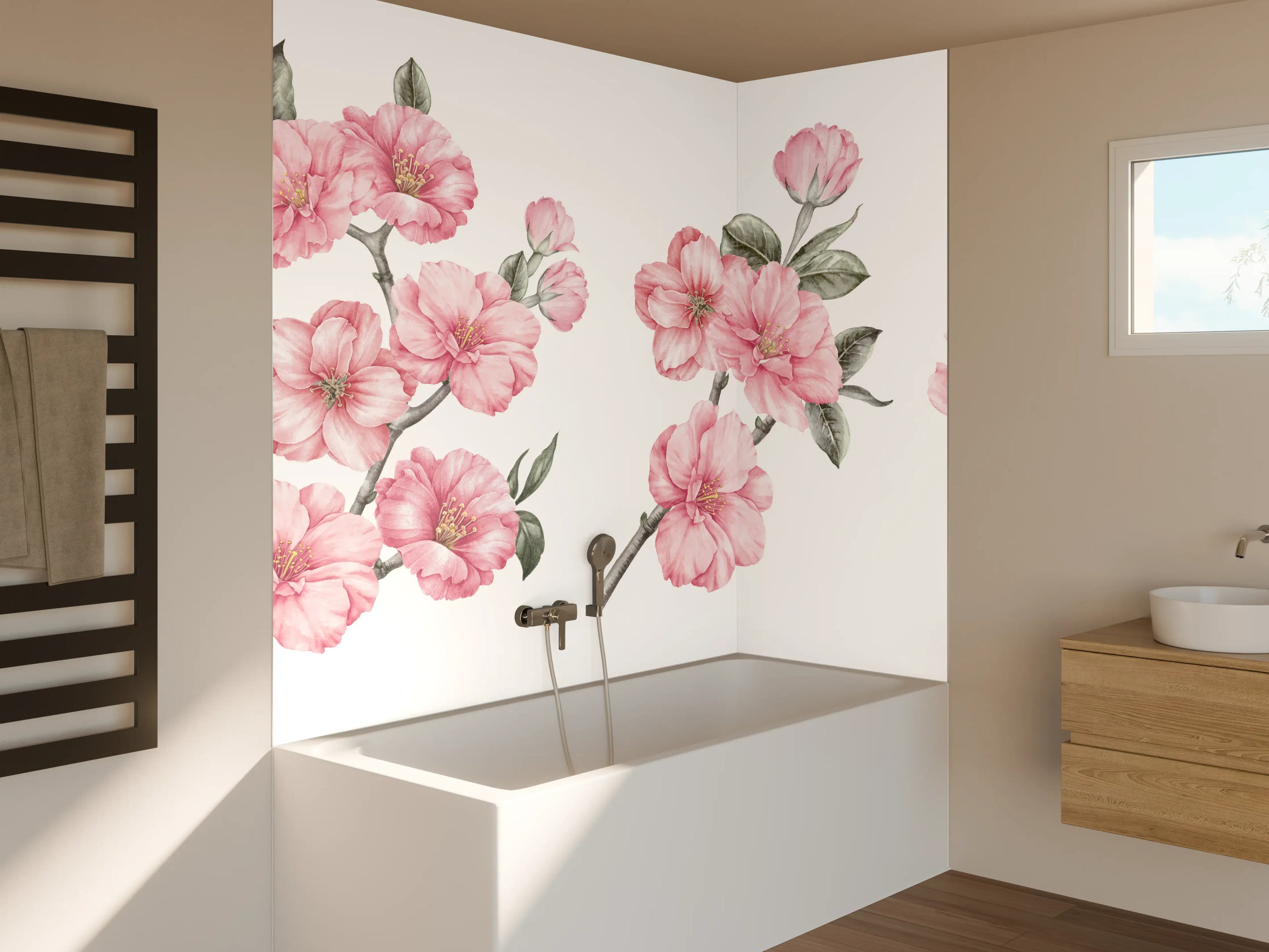 Badewannen-Rückwand - Aquarellelemente von blühenden Sakura
