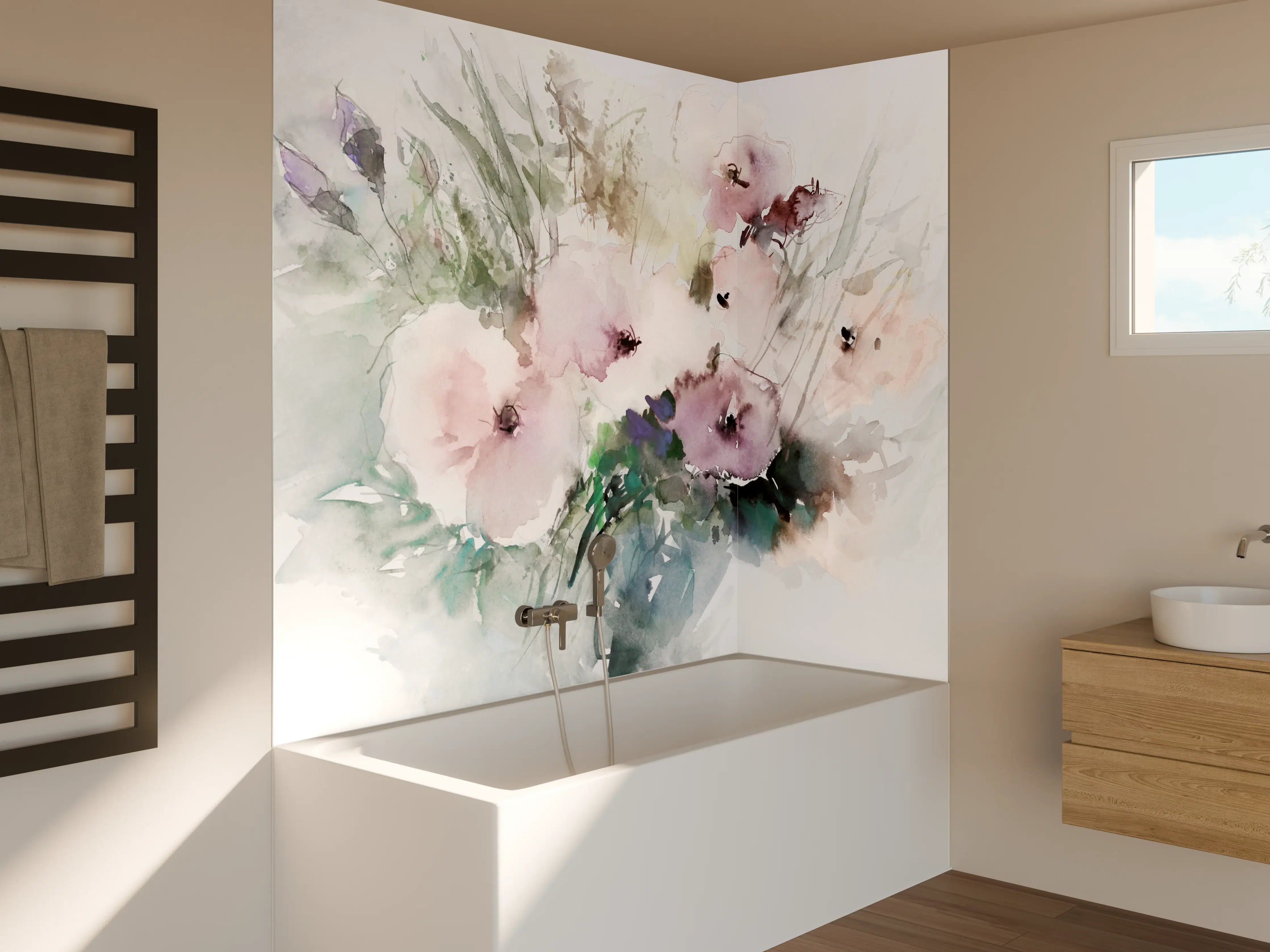 Badewannen-Rückwand - Aquarellierte Blumenkunst in Pastellfarben