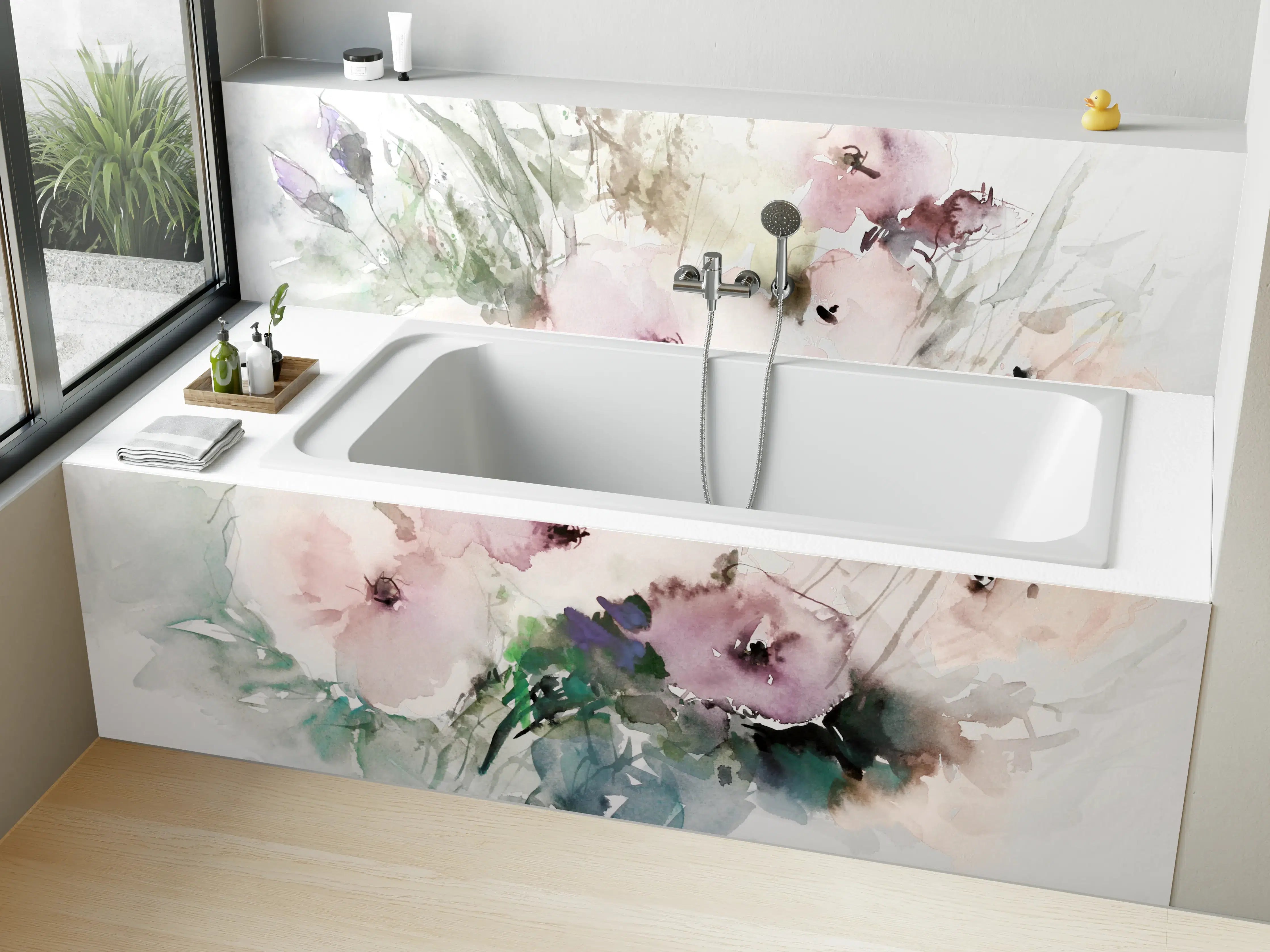 Badewannen-Rückwand - Aquarellierte Blumenkunst in Pastellfarben